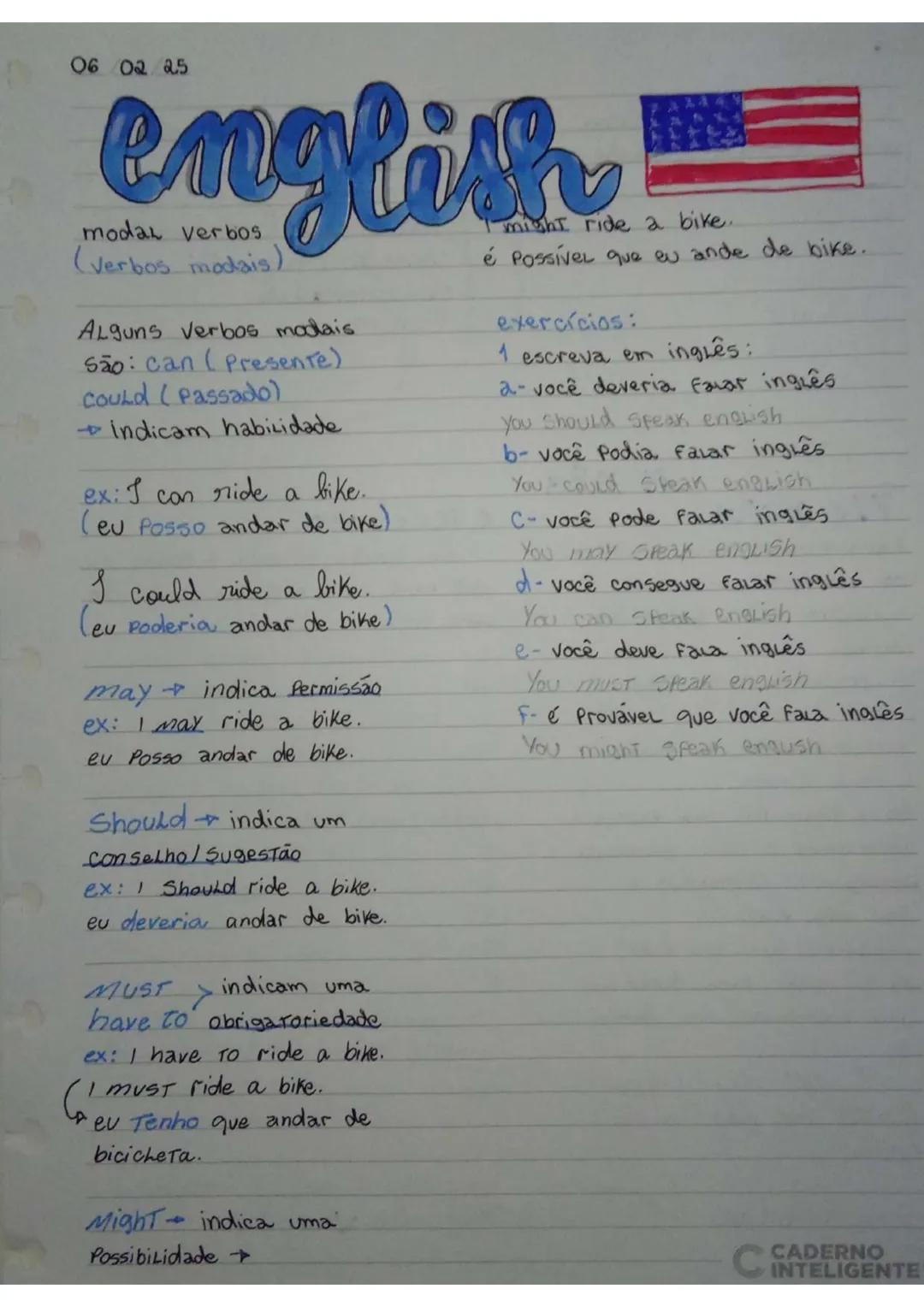 06 02 25
english
modal verbos
(Verbos modais)
Alguns verbos modais
são: can (Presente)
Could (Passadol
Indicam habilidade
ex: I can ride