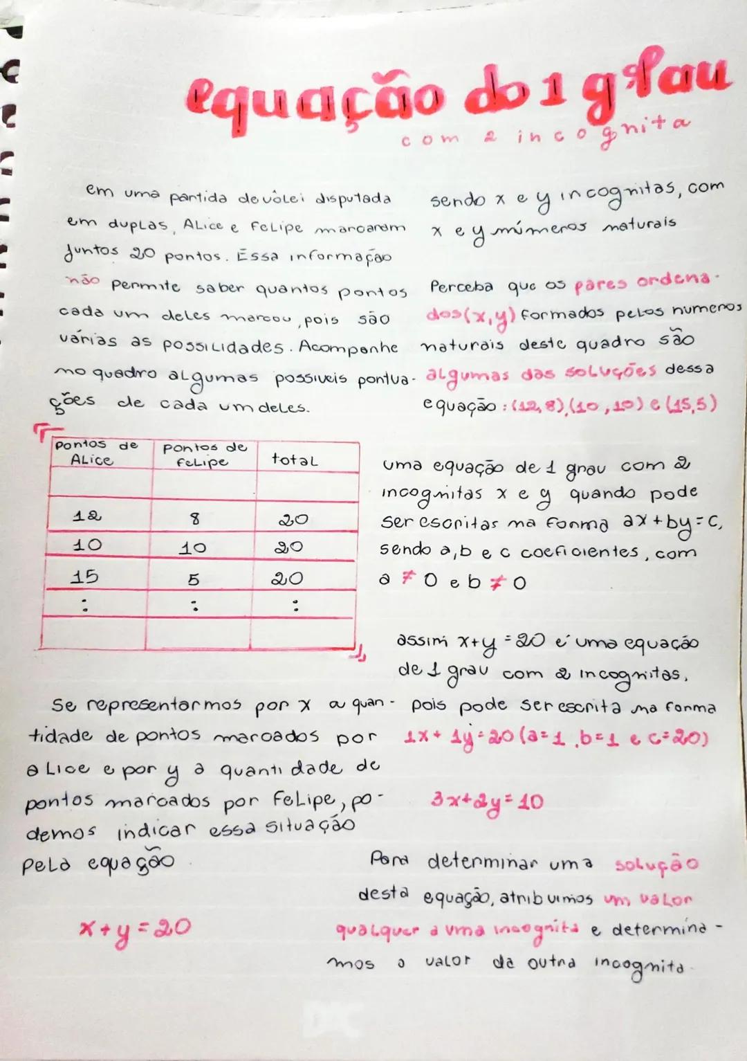 # equação do 1 glau
com 2 incognita
Em uma partida de vôlei disputada sendo $x$ e $y$ incognitas, com
em duplas, Alice e Felipe marcaram $x