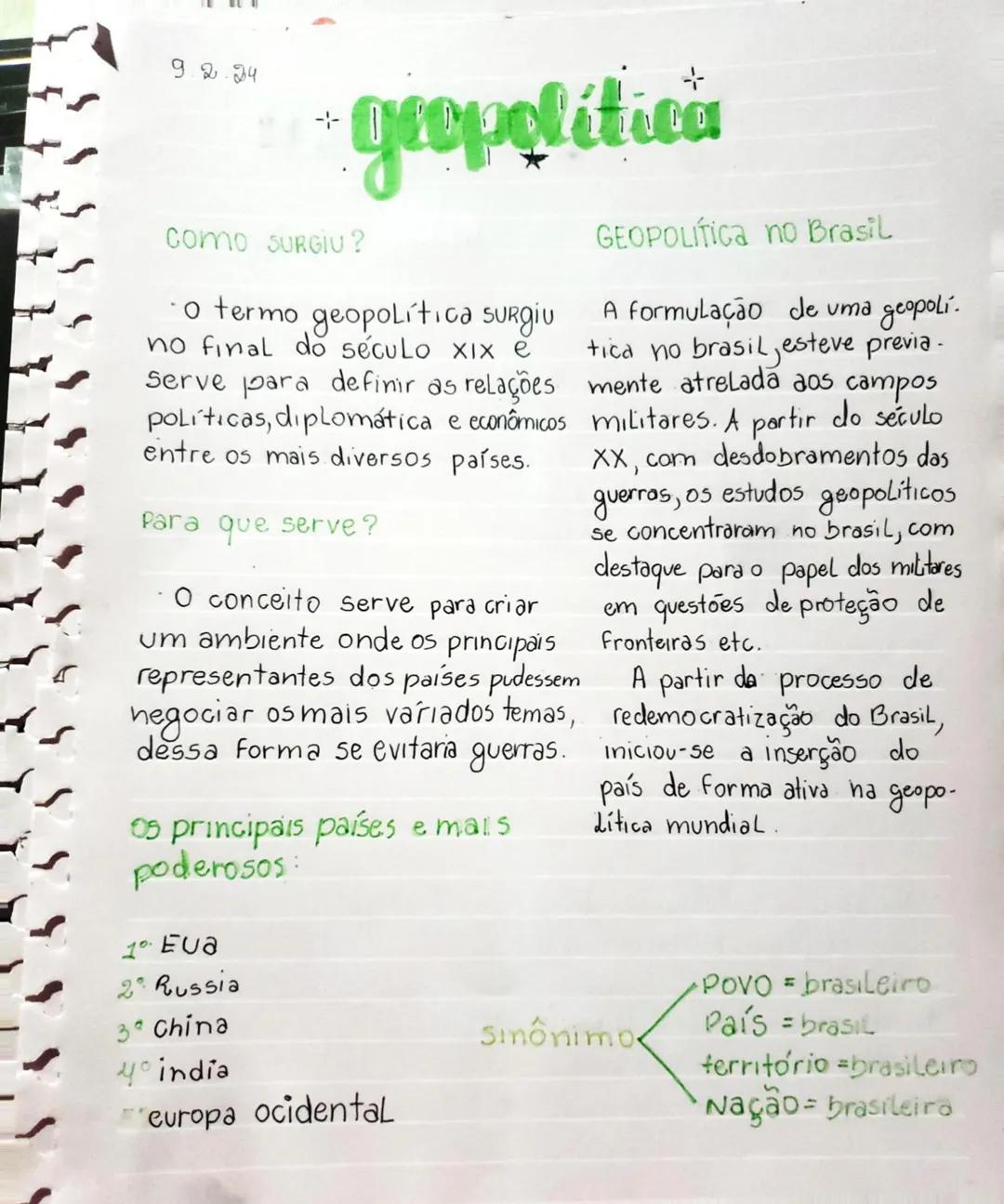 9.2.24
geopolítica
Como SURGIU?
GEOPOLITICA no Brasil
O termo geopolítica surgiu
A formulação de uma geopolí.
no final do século XIX e
ti