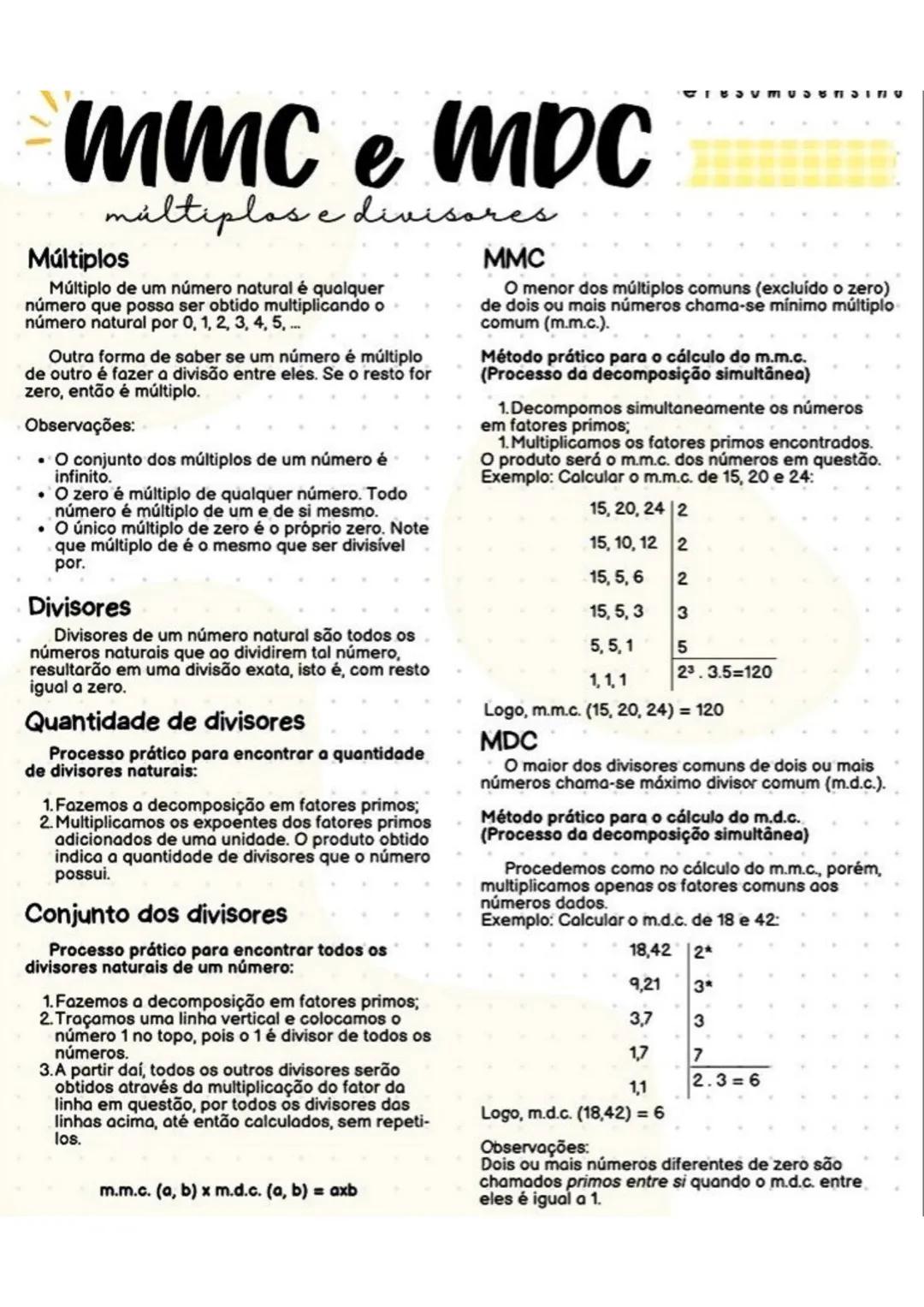 --- OCR Start ---
MMC e MDC
múltiplos e divisores
Múltiplos
Múltiplo de um número natural é qualquer
número que possa ser obtido multiplican
