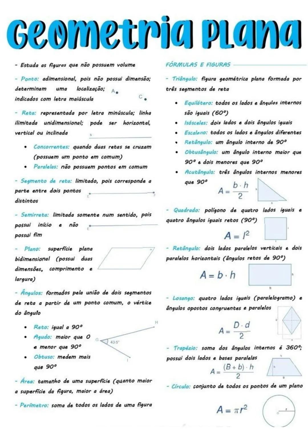 # Geometria PLANA
- Estuda as figuras que não possuem volume
- Ponto: adimensional, pois não possui dimensão;
determinam uma localização;
