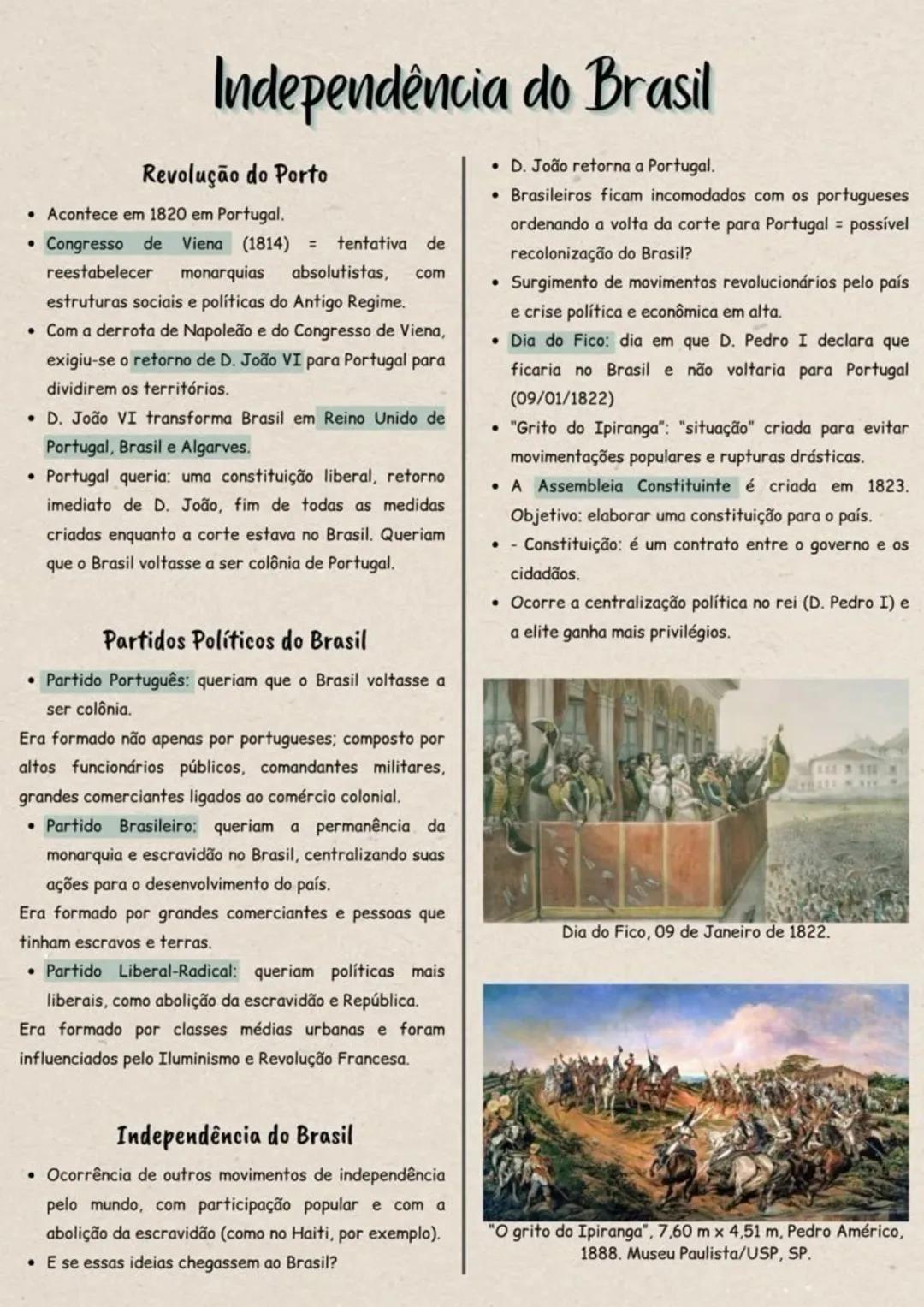 # Independência do Brasil
## Revolução do Porto
* Acontece em 1820 em Portugal.
* Congresso de Viena (1814) = tentativa de
reestab