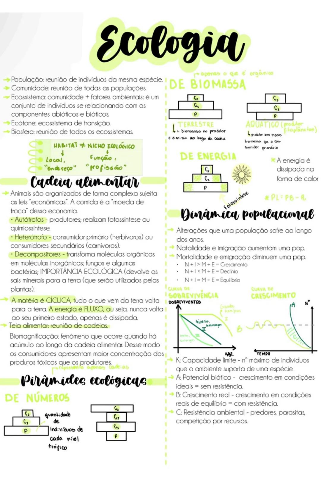 --- OCR Start ---
Ecologia
→População: reunião de individuos da mesma espécie.
→Comunidade: reunião de todas as populações.
Ecossistema: com