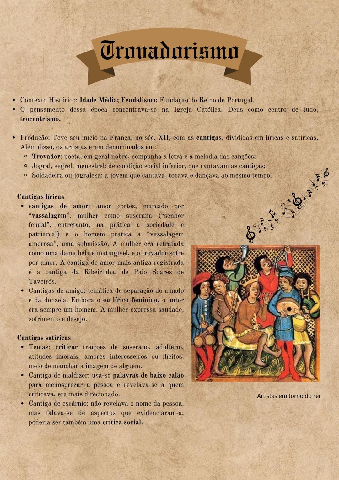 # Trovadorismo
• Contexto Histórico: Idade Média; Feudalismo; Fundação do Reino de Portugal.
• O pensamento dessa época concentrava-se na I
