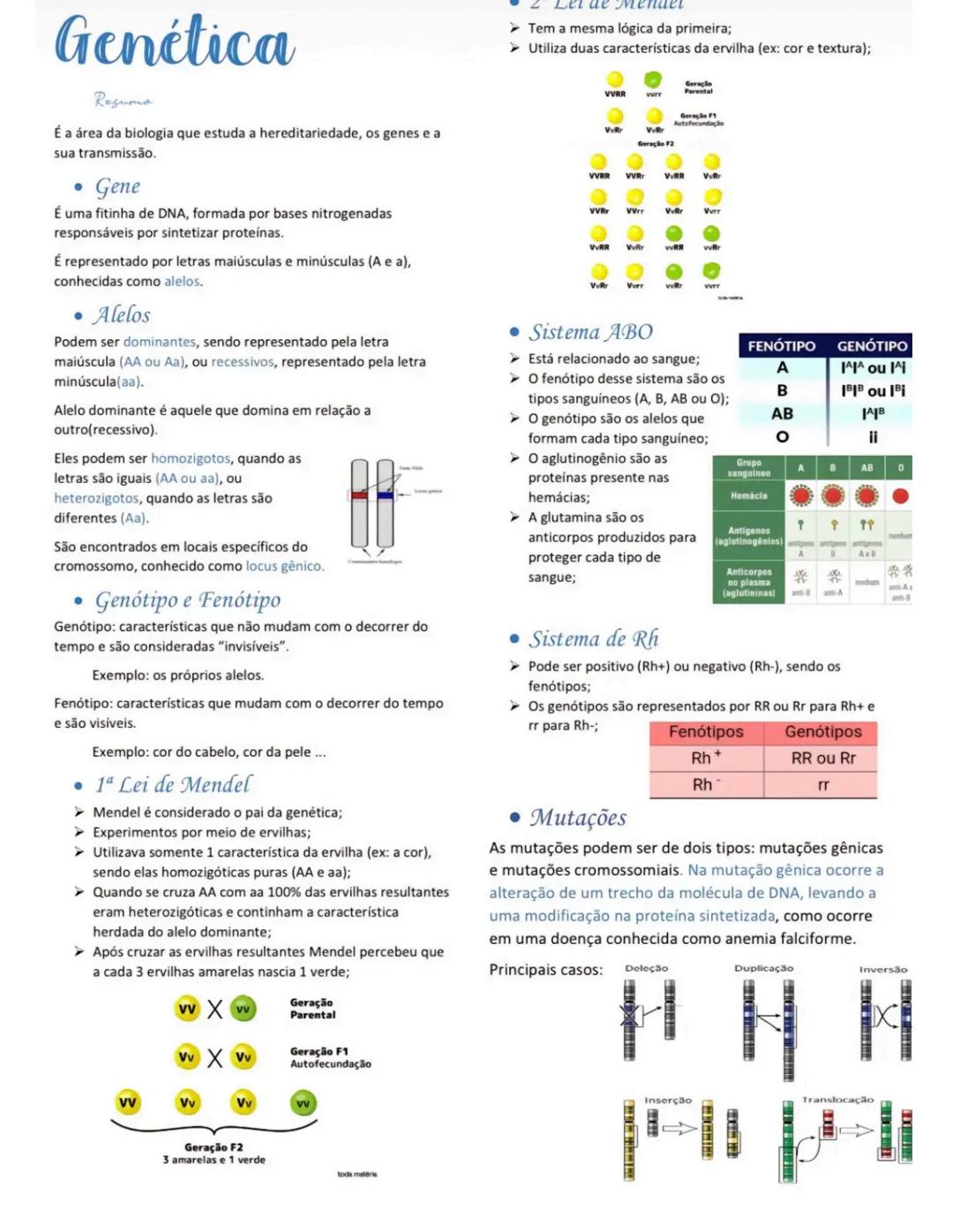 # Genética
Resumo
É a área da biologia que estuda a hereditariedade, os genes e a
sua transmissão.
• Gene
É uma fitinha de DNA, formada po