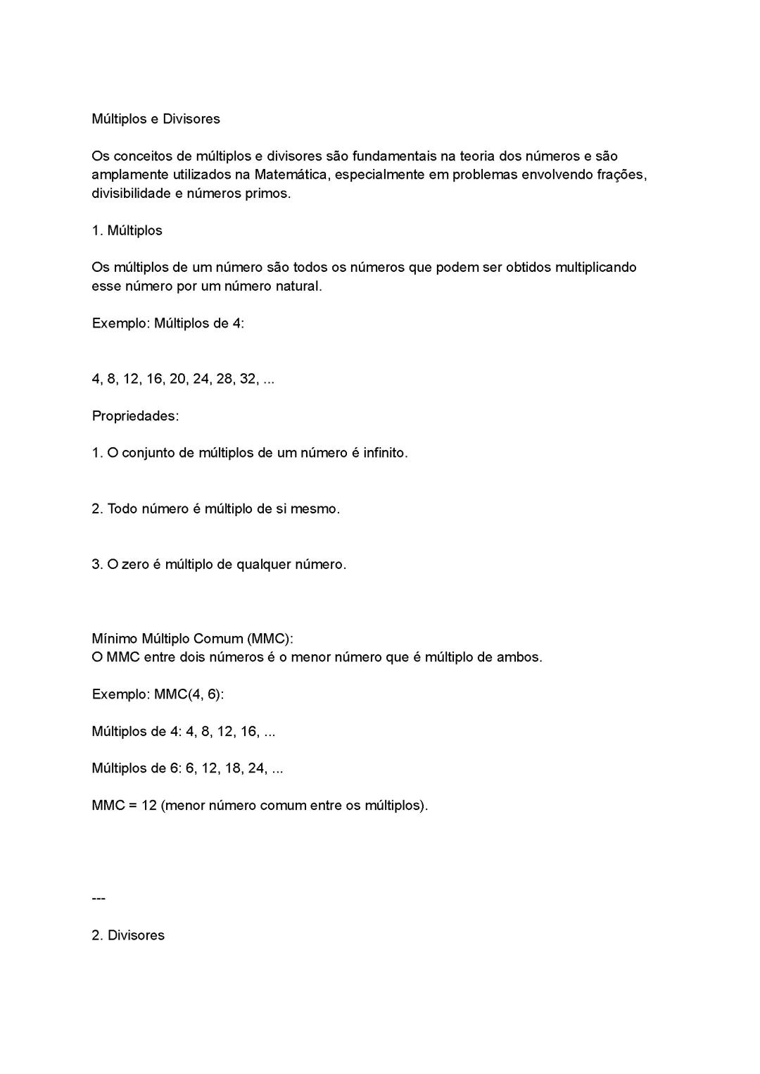 Resumo de Matemática sobre múltiplos e Divisores