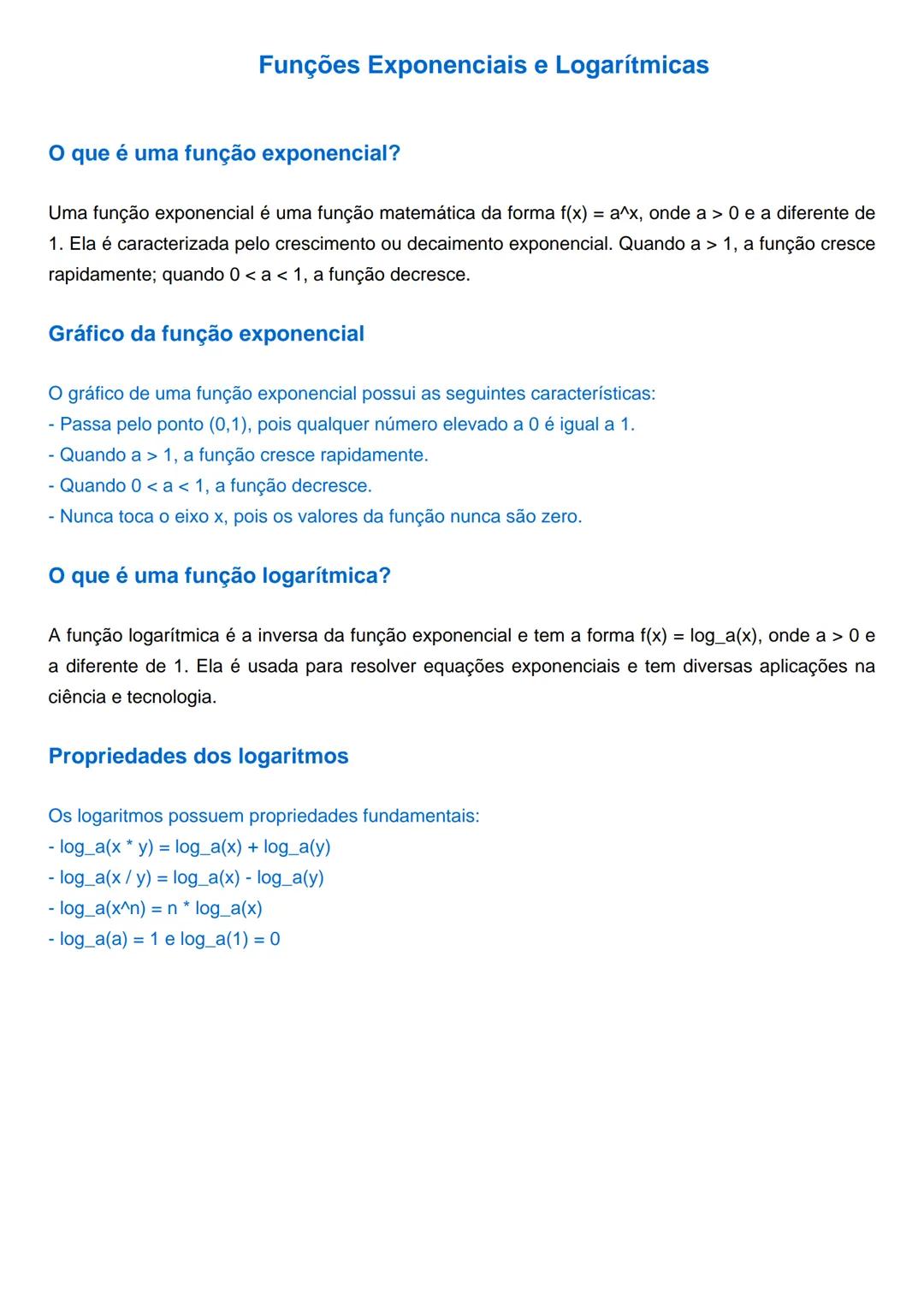 # Funções Exponenciais e Logarítmicas
O que é uma função exponencial?
Uma função exponencial é uma função matemática da forma $f(x) = a^x$