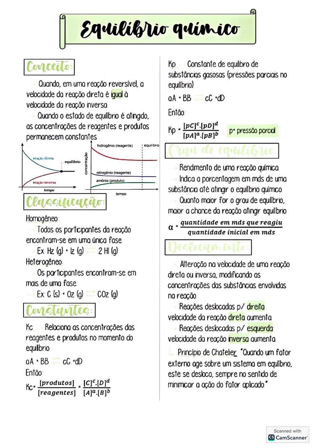 # Equilibrio químico
Conceito:
Quando, em uma reação reversível, a
velocidade da reação direta é igual à
velocidade da reação inversa
Qua