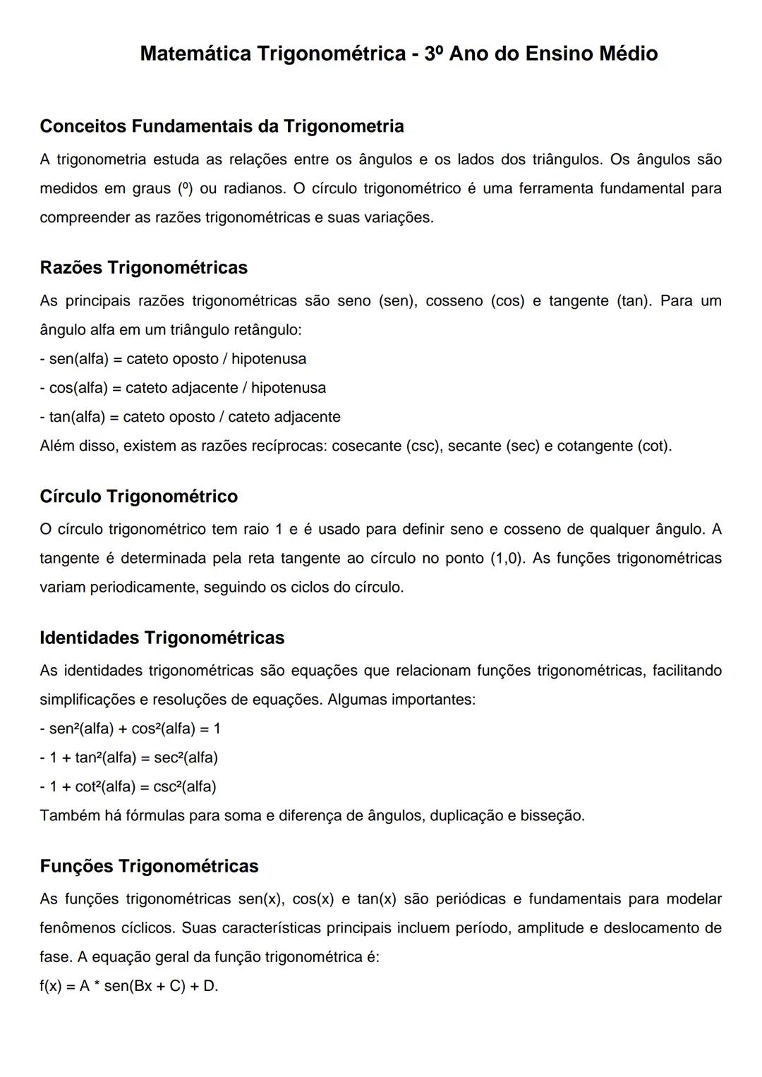 # Matemática Trigonométrica - 3º Ano do Ensino Médio
# Conceitos Fundamentais da Trigonometria
A trigonometria estuda as relações entre os