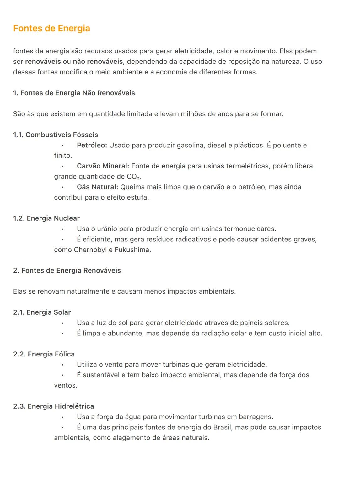 # Fontes de Energia
fontes de energia são recursos usados para gerar eletricidade, calor e movimento. Elas podem
ser renováveis ou não reno