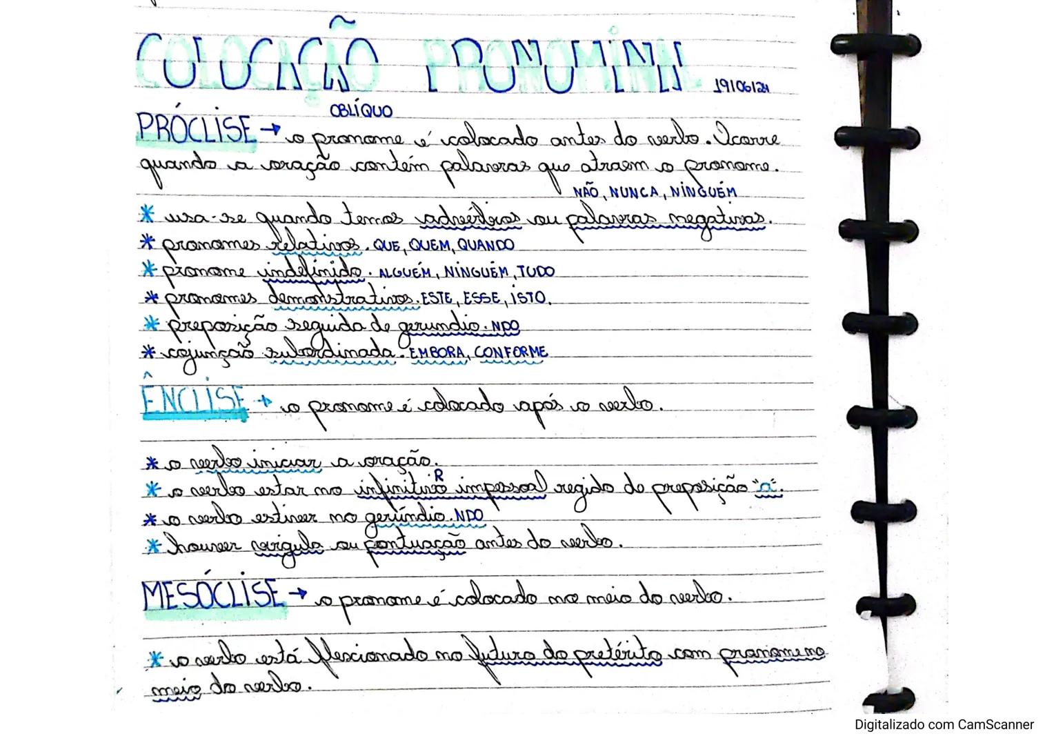 --- OCR Start ---
PROCLISE
4
OBLÍQUO
L
19106124
me é colocado antes do verbo. Icarre
Io promame.
quando a coração contém palavras que atraem