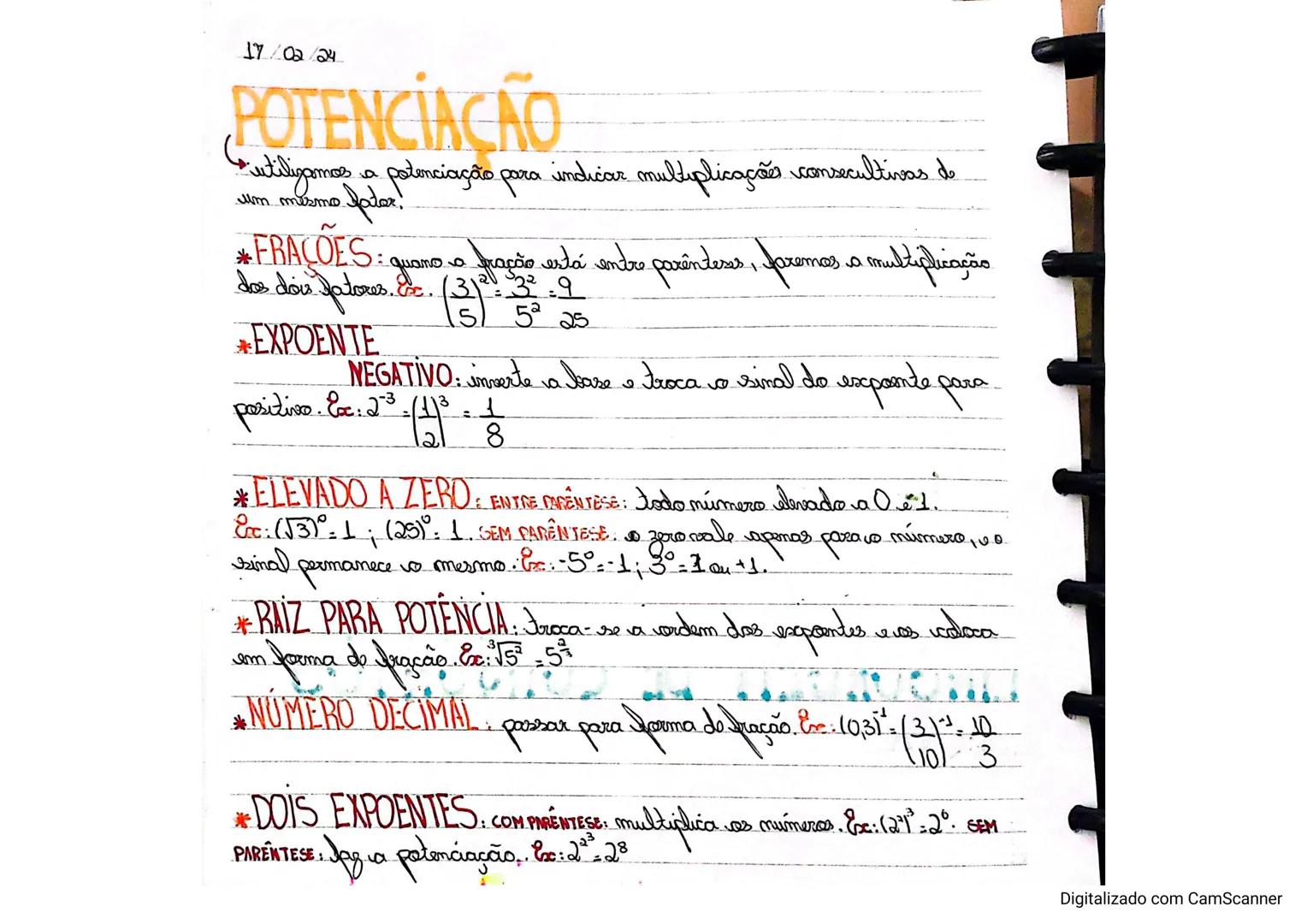 17/02/24
# POTENCIAÇÃO
untiligamos a potenciação para indicar multiplicaçãs consecultivas de
Um mesmo.
Jatar!
*FRAÇÕES: quano a fração está