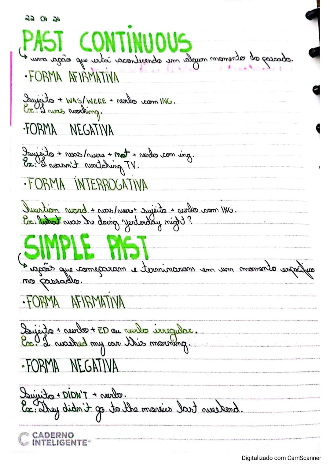 22 01 24
PAST CONTINUOUS
( uma ação que está acontecendo em algum momento do passado.
•FORMA AFIRMATIVA
Sujeito + WAS/WERE + verbo com ING.