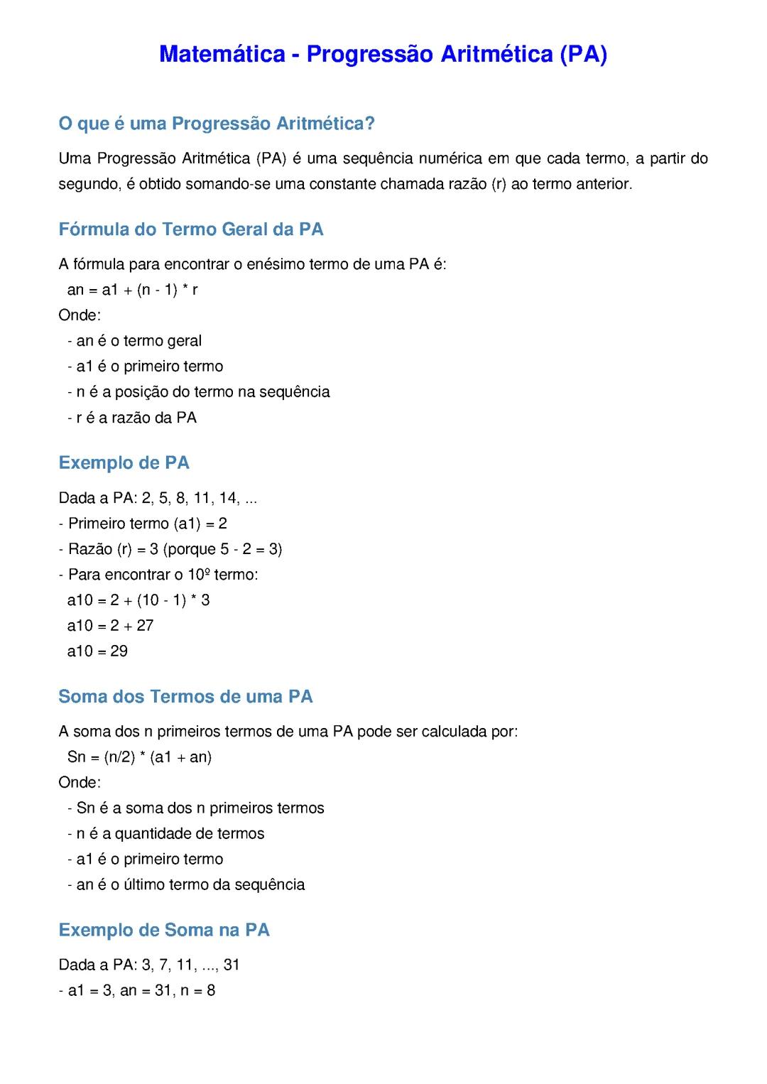 Progressão Aritmética (PA)