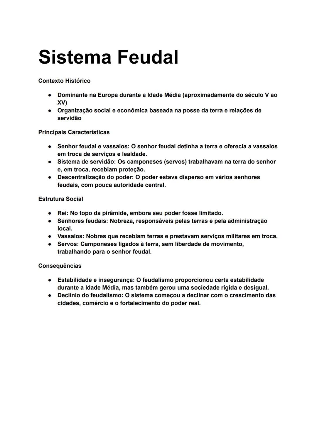 # Sistema Feudal
Contexto Histórico
- Dominante na Europa durante a Idade Média (aproximadamente do século V ao
XV)
- Organização social e