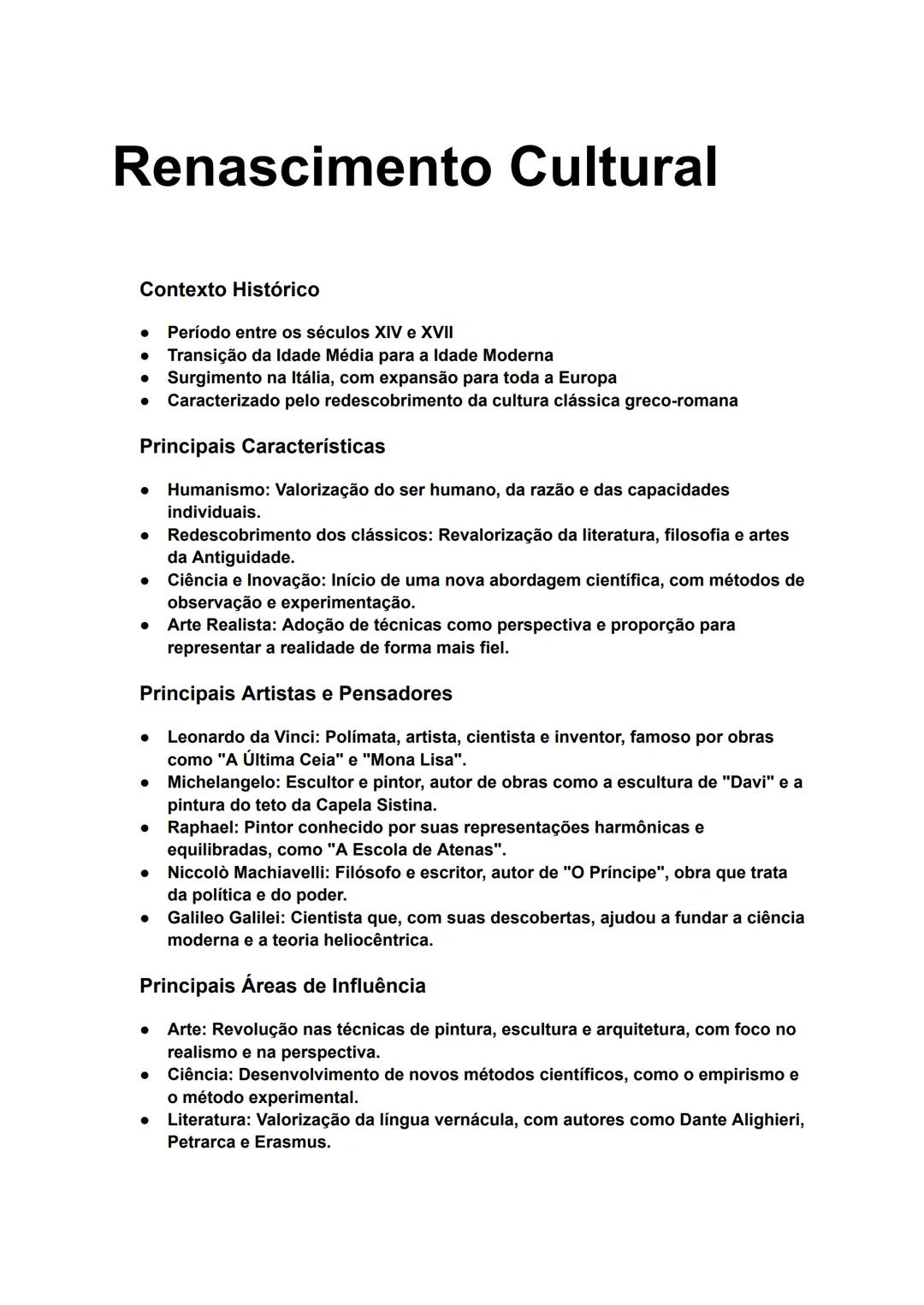 # Renascimento Cultural
Contexto Histórico
- Período entre os séculos XIV e XVII
- Transição da Idade Média para a Idade Moderna
- Surgime