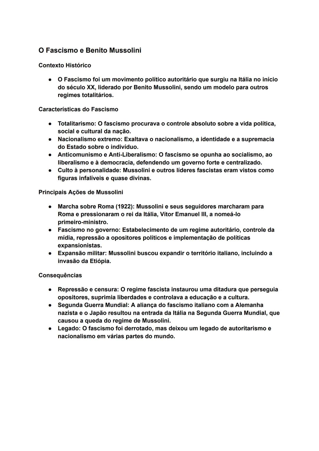 # O Fascismo e Benito Mussolini
Contexto Histórico
* O Fascismo foi um movimento político autoritário que surgiu na Itália no início
do