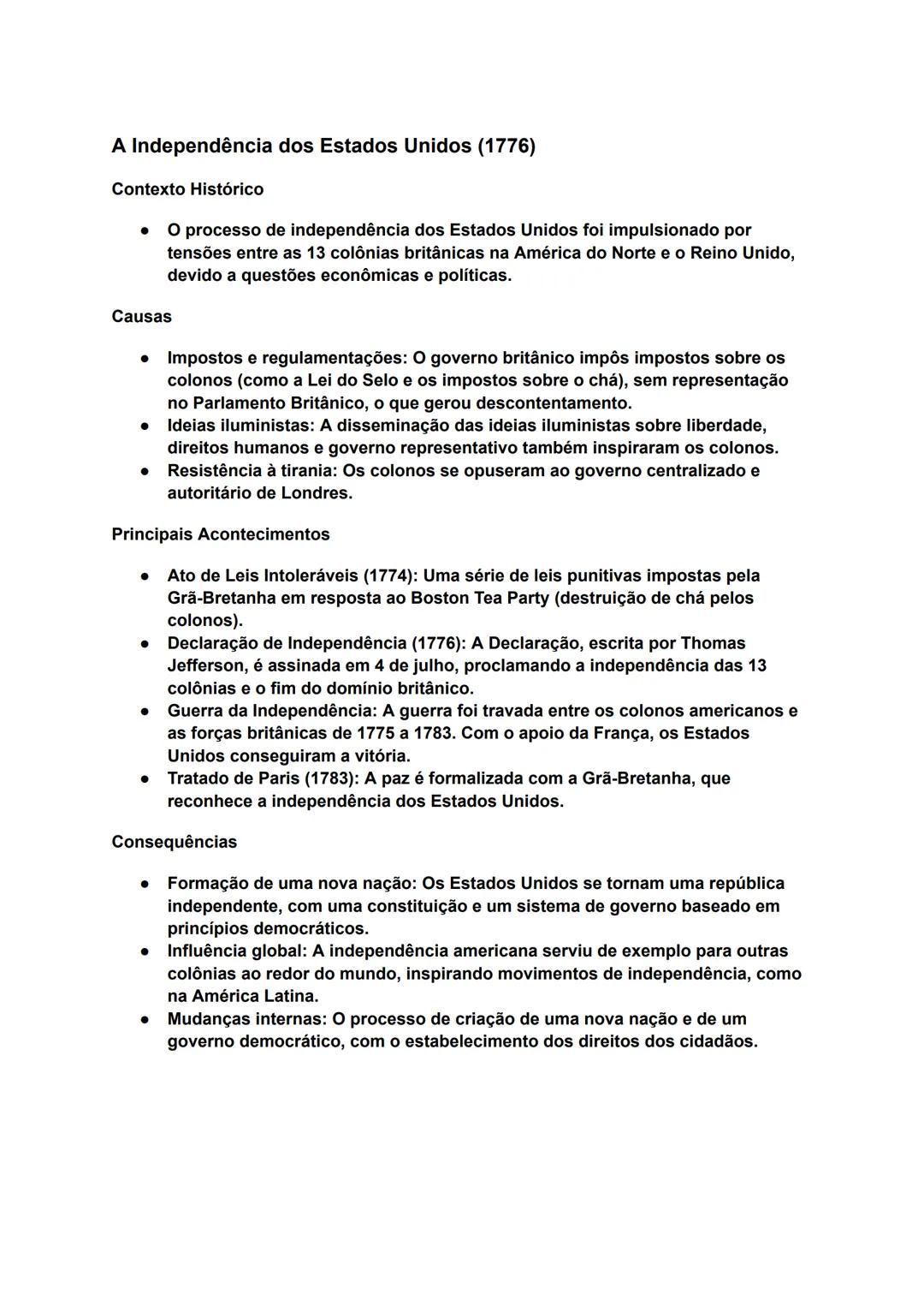 # A Independência dos Estados Unidos (1776)
Contexto Histórico
* O processo de independência dos Estados Unidos foi impulsionado por
ten