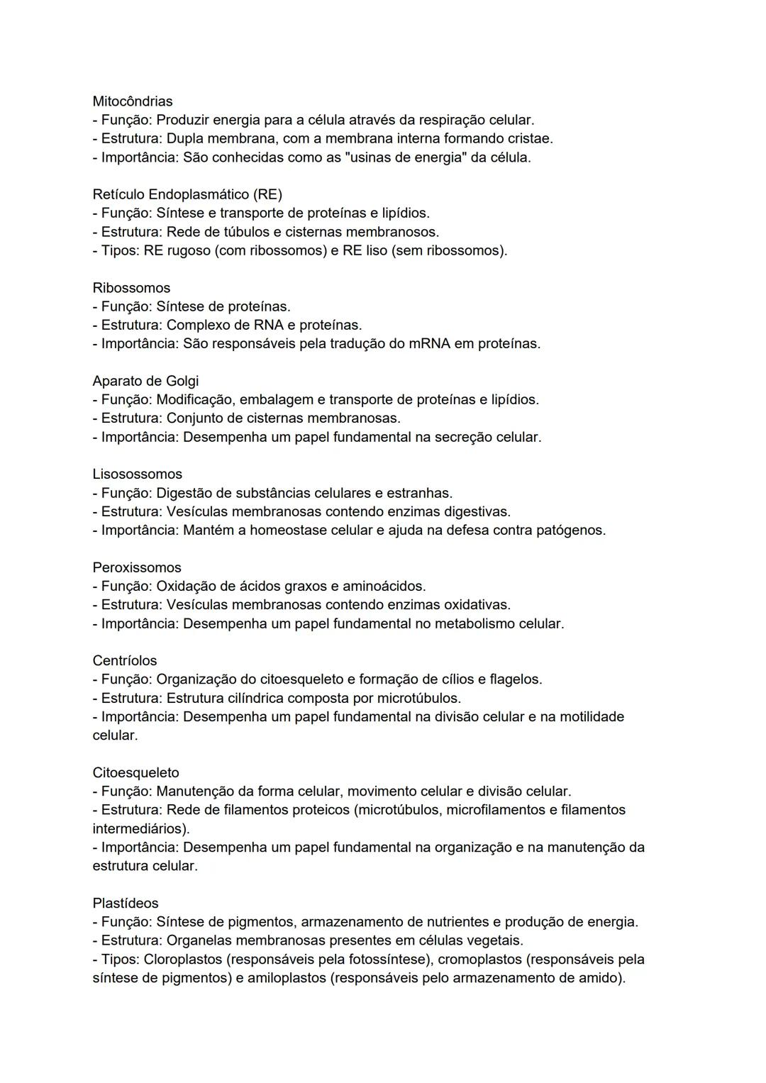 --- OCR Start ---
Mitocôndrias
- Função: Produzir energia para a célula através da respiração celular.
Estrutura: Dupla membrana, com a memb