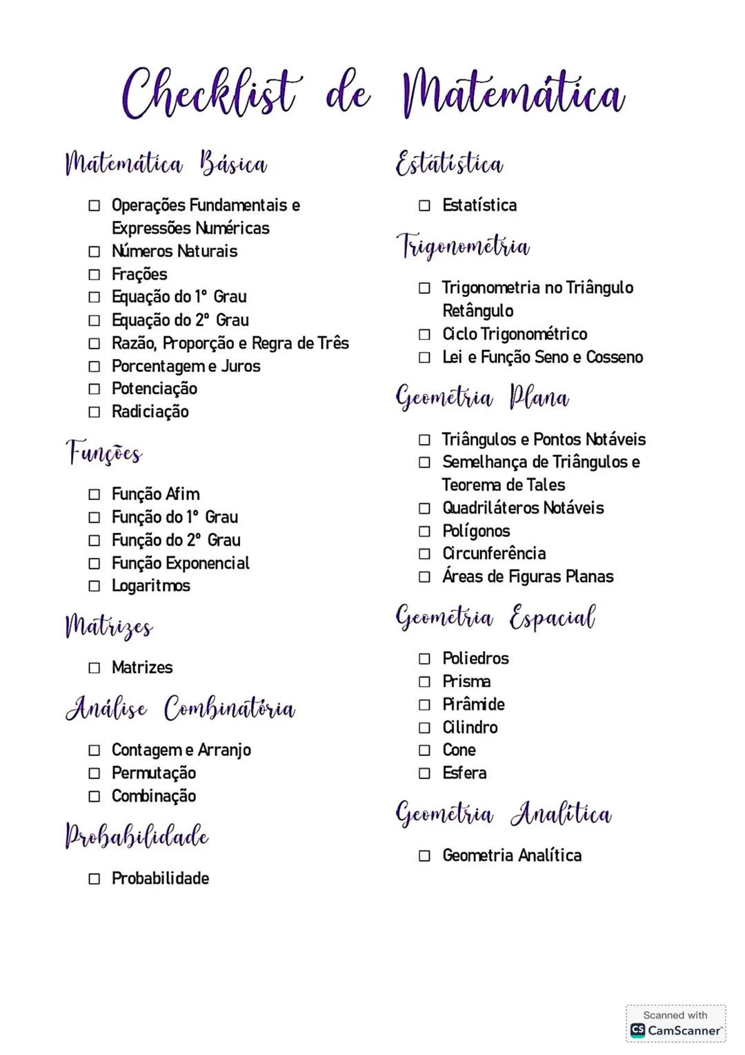 Check list de matemática