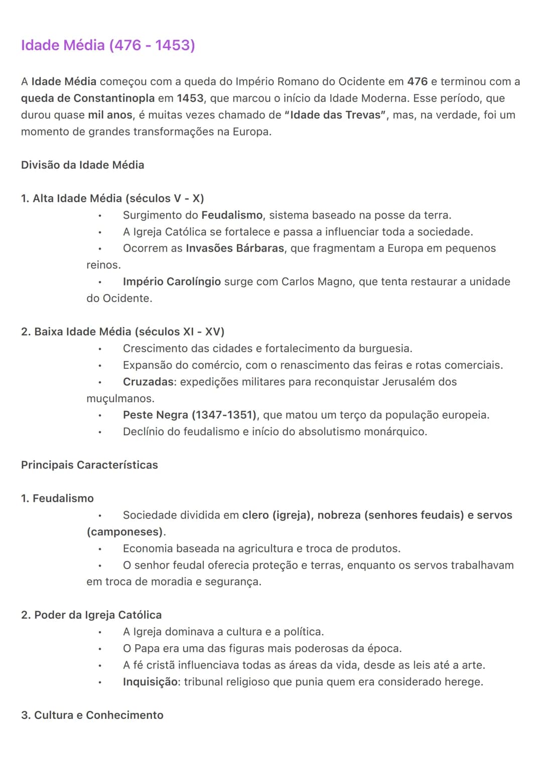 # Idade Média (476 - 1453)
A Idade Média começou com a queda do Império Romano do Ocidente em 476 e terminou com a
queda de Constantinopla