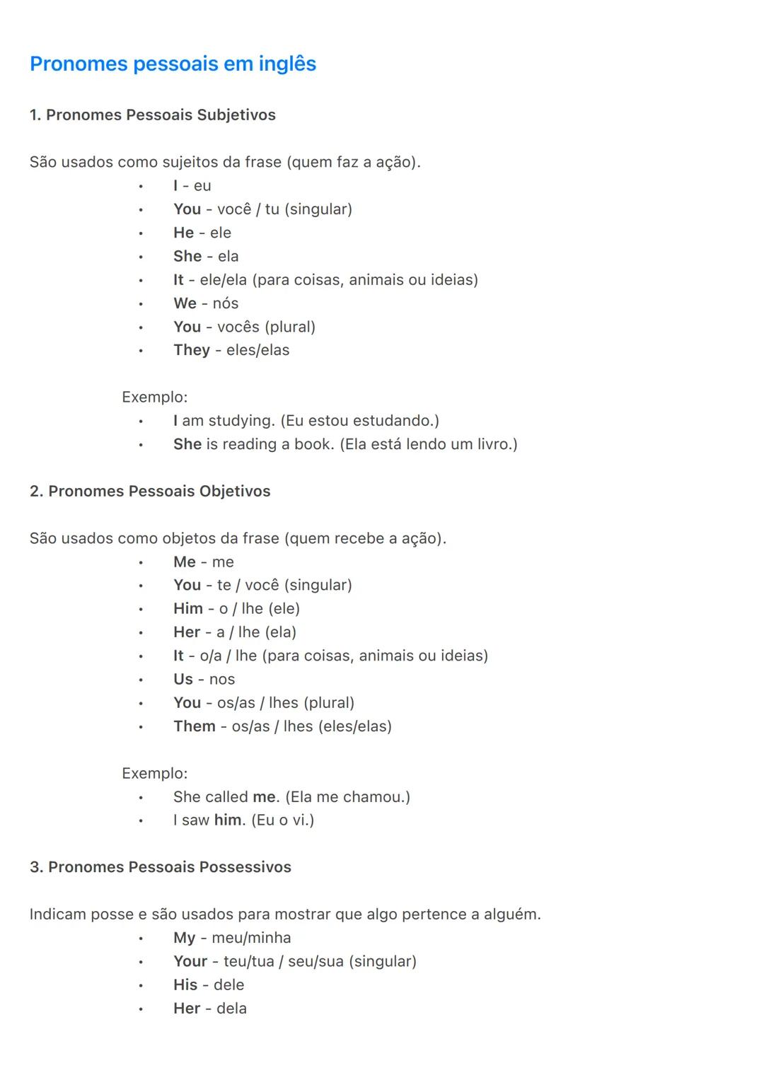 # Pronomes pessoais em inglês
1. Pronomes Pessoais Subjetivos
São usados como sujeitos da frase (quem faz a ação).
* I-eu
* You - voc