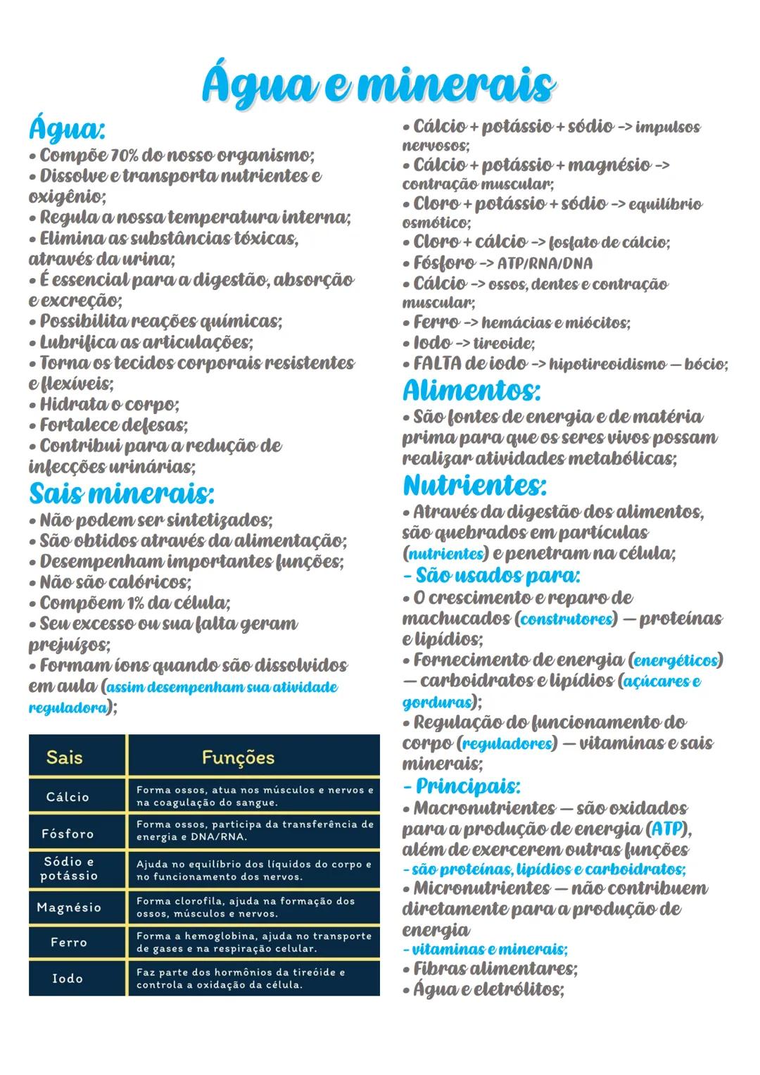 # Água e minerais
Água:
* Compõe 70% do nosso organismo;
* Dissolve e transporta nutrientes e
oxigênio;
* Regula a nossa temperat