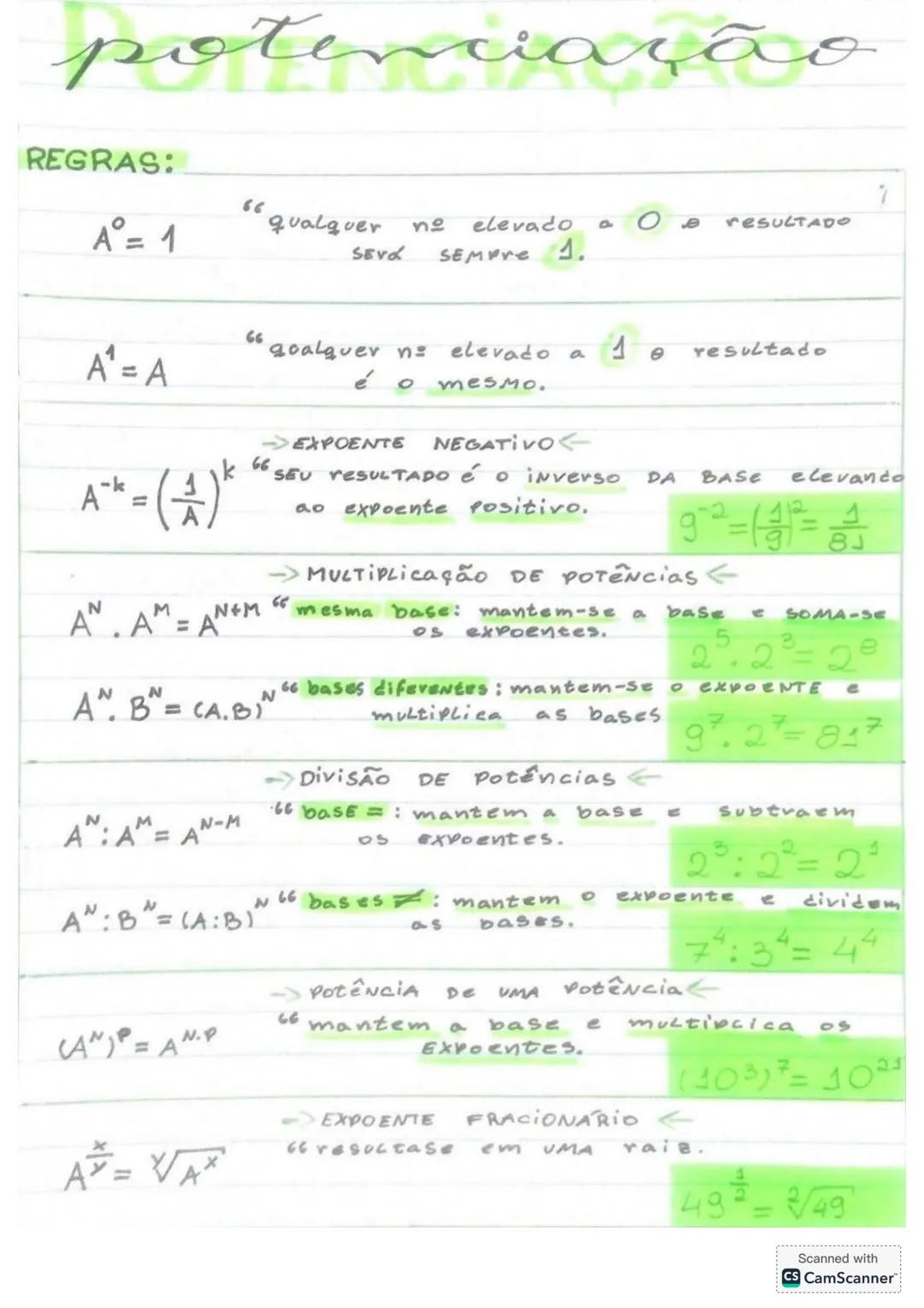 # potenciação
REGRAS:
$A^0$= 1
"qualquer ne elevado a O e resultado
SEVL SEMPre 1."
$A^1$=A
66 goalquer ne elevado a 1 e resultado
é O