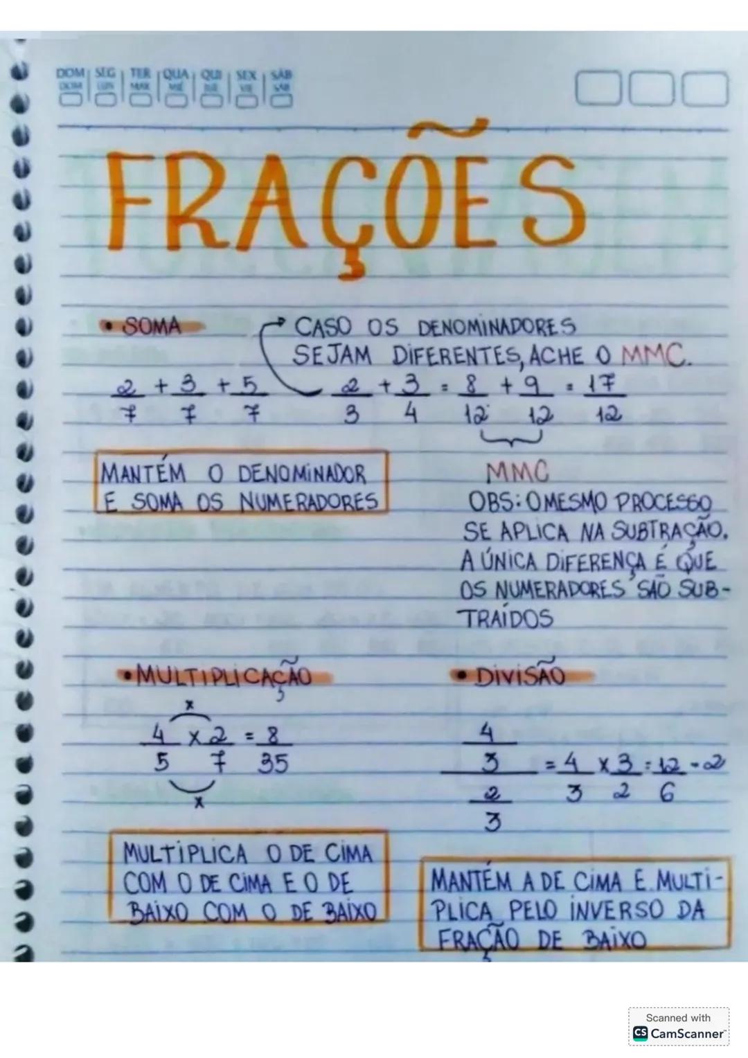 DOM SEG TER QUA QUI SEX SAB
80
# FRAÇOES
* SOMA
CASO OS DENOMINADORES
SEJAM DIFERENTES, ACHE O MMC.
$
\frac{2}{7} + \frac{3}{7}