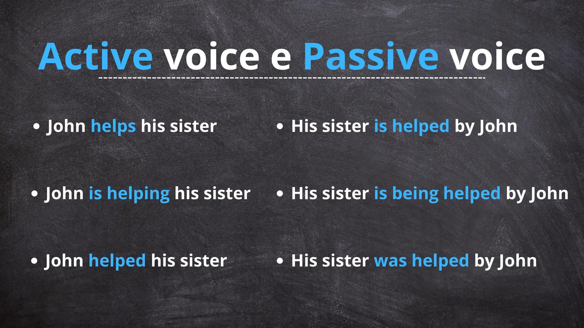 # PASSIVE VOICE
CHAPTER 20 # Active voice e Passive voice
- John helps his sister
- His sister is helped by John
- John is helping his sis