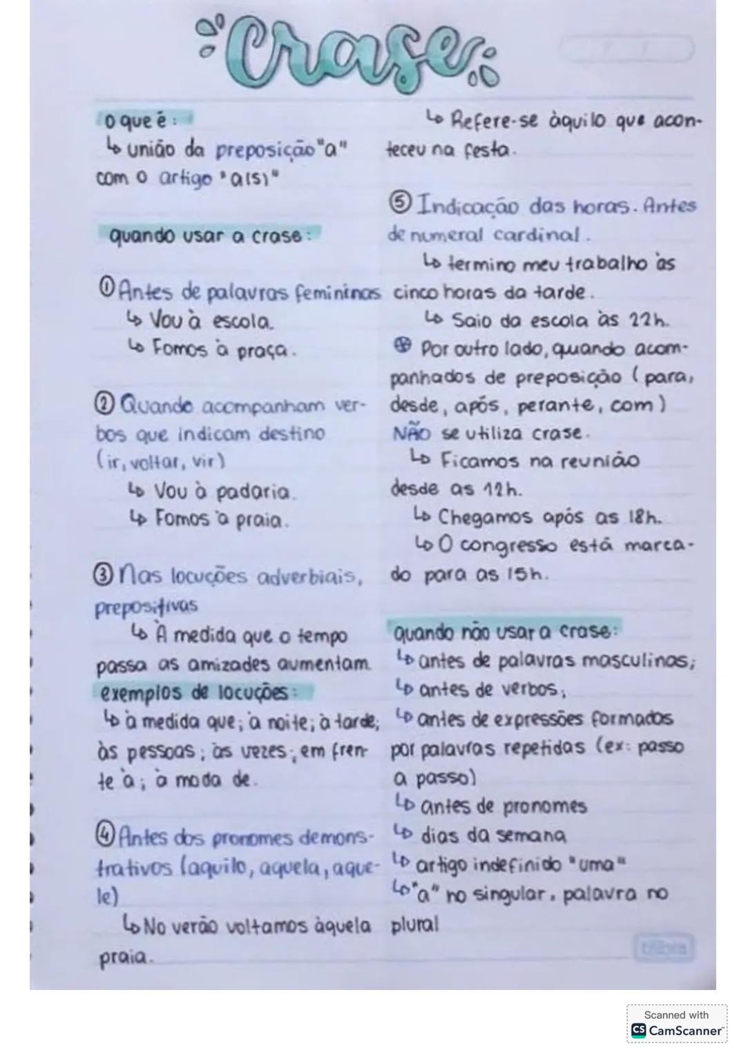 # Crase:
o que é
* união da preposição "a"
com o artigo 15)"
quando usar a crase:
* Antes de palavras femininas
* Vou à es
