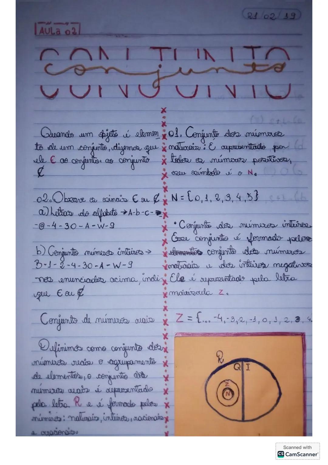 Aula 02
CONTIN
XX
21/02/19
Quando um pjeto é elemen 01. Conjunto dos múmase
to de um conjunto, dizemos que & naturais : & representado por