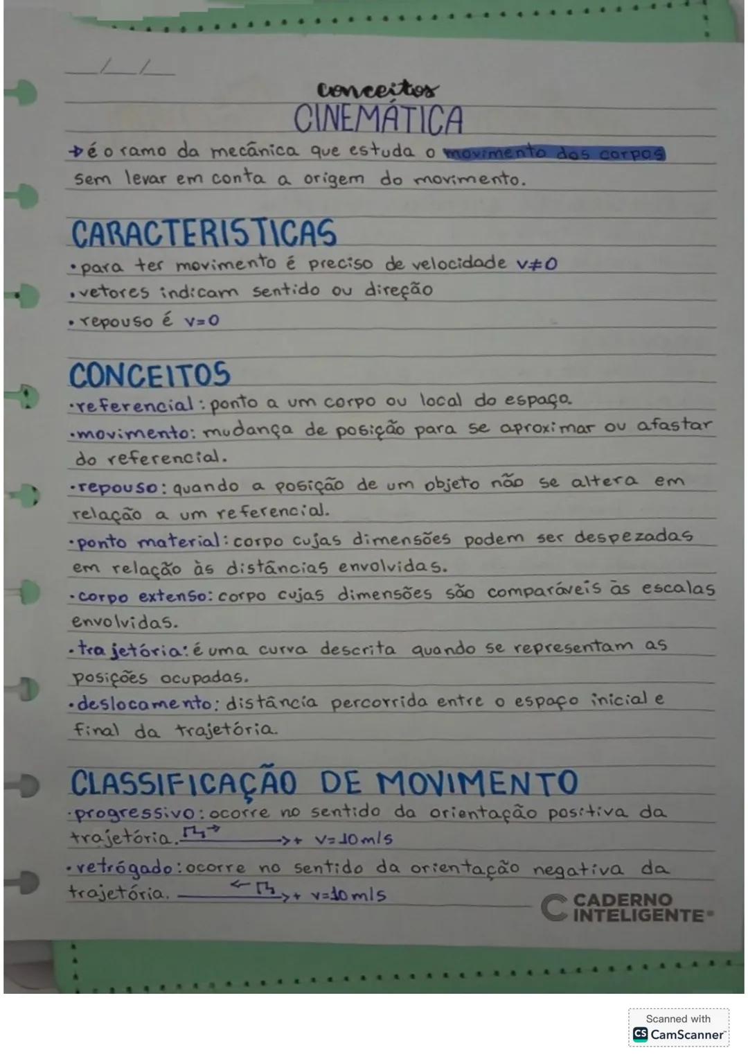conceitos
CINEMATICA
Dé o ramo da mecânica que estuda o movimento dos corpos
sem levar em conta a origem do movimento.
CARACTERISTICAS
•para