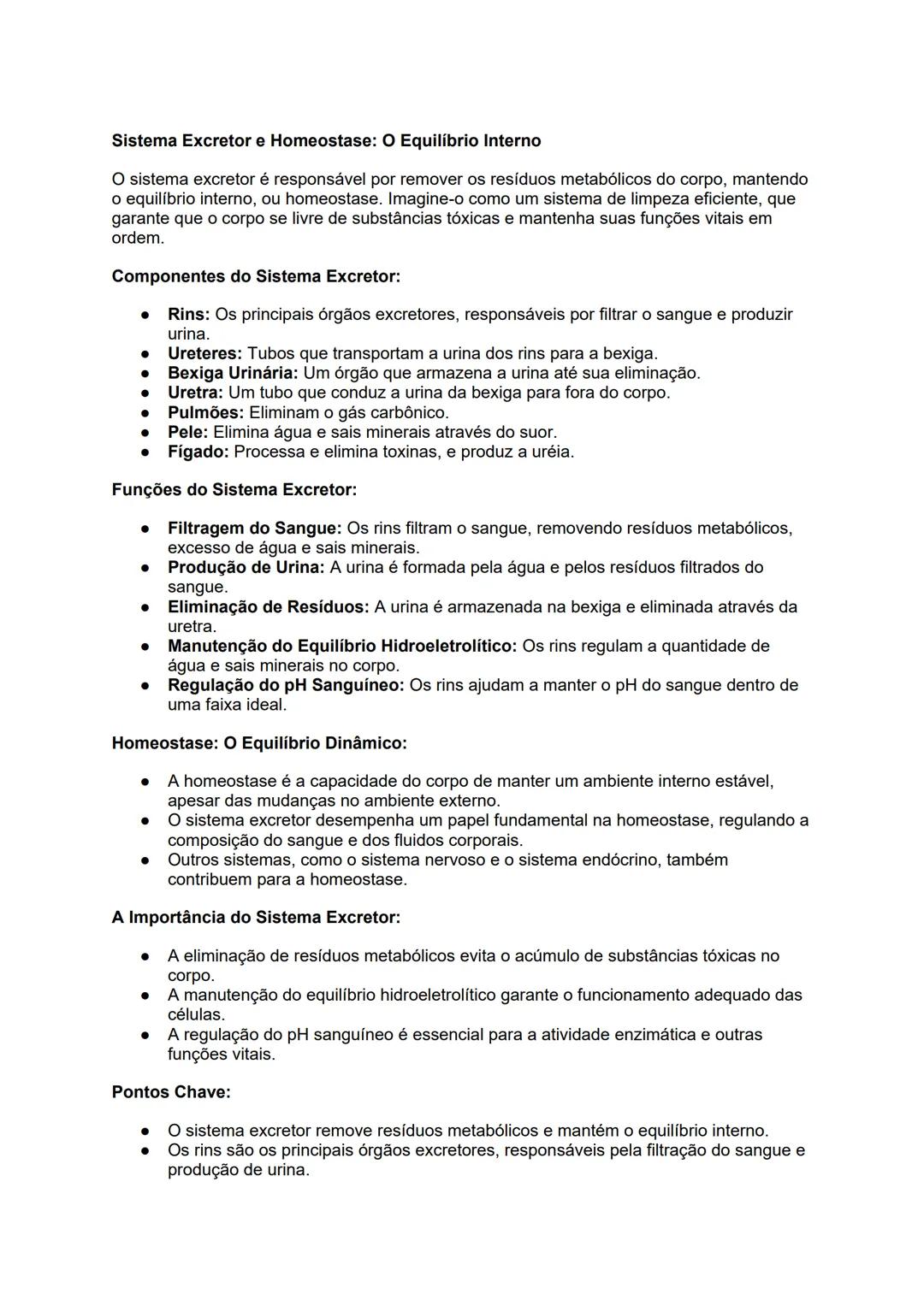 # Sistema Excretor e Homeostase: O Equilíbrio Interno
O sistema excretor é responsável por remover os resíduos metabólicos do corpo, manten