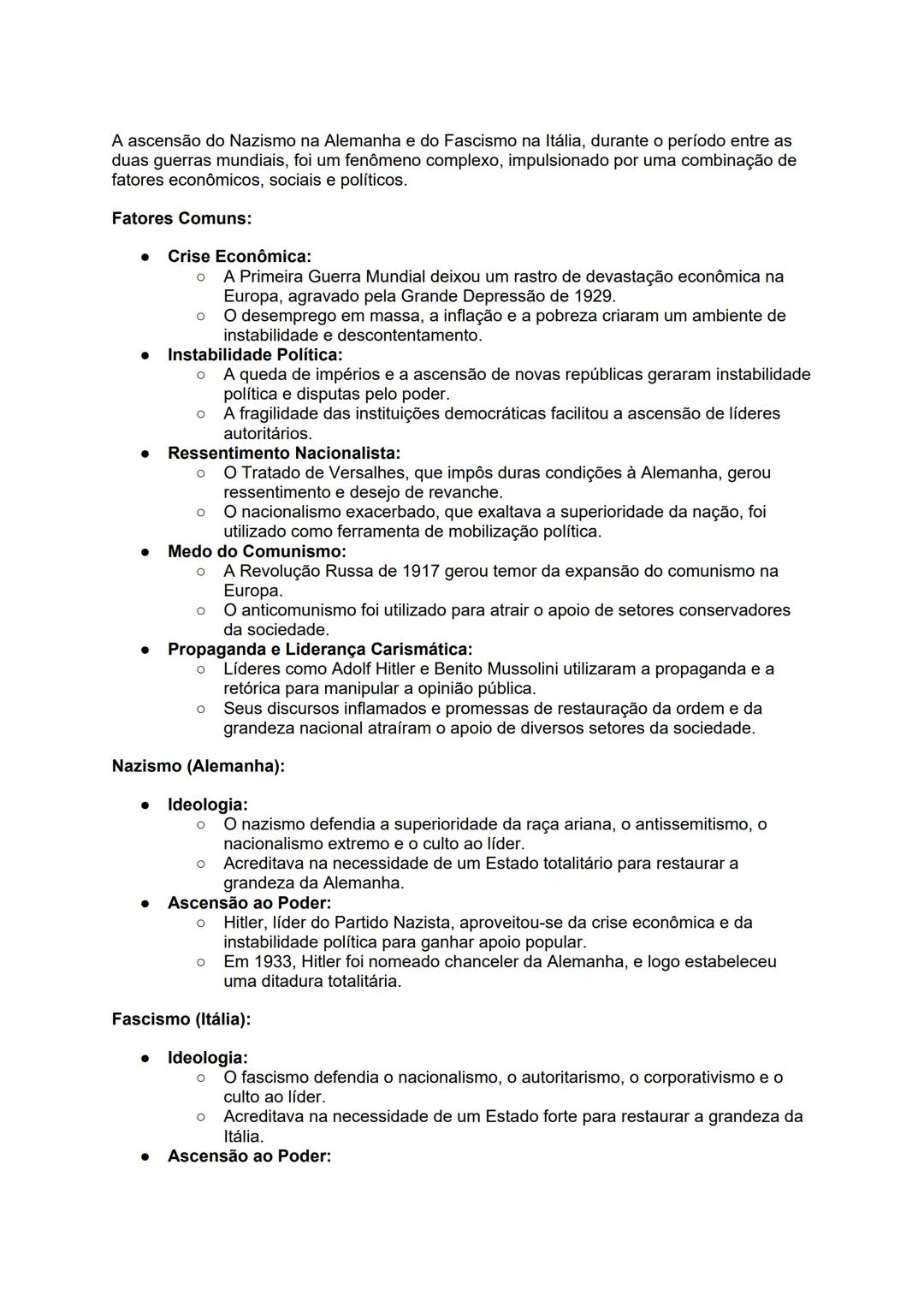A ascensão do Nazismo na Alemanha e do Fascismo na Itália, durante o período entre as
duas guerras mundiais, foi um fenômeno complexo, impul