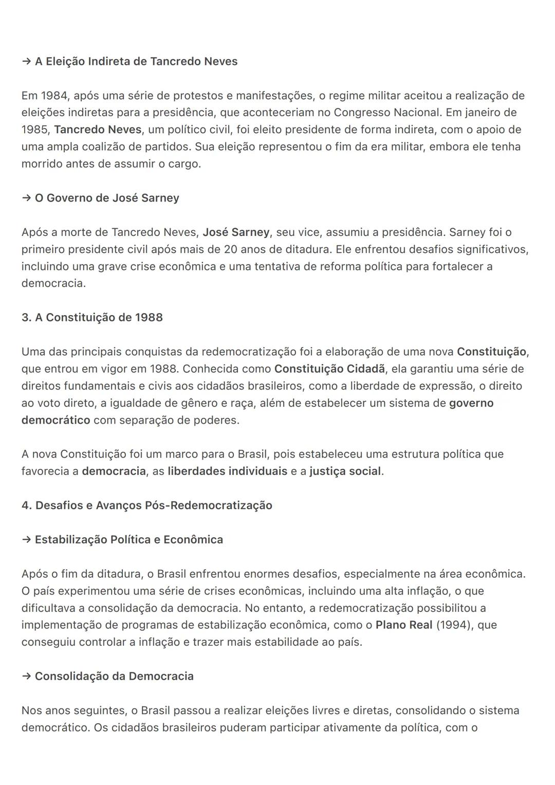 # Redemocratização no Brasil (1985)
foi um processo que resultou no fim do regime militar e no retorno do país ao sistema
democrático de go