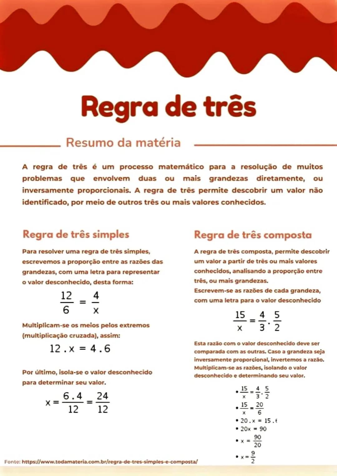 --- OCR Start ---
Regra de três
Resumo da matéria
A regra de três é um processo matemático para a resolução de muitos
problemas que envolvem