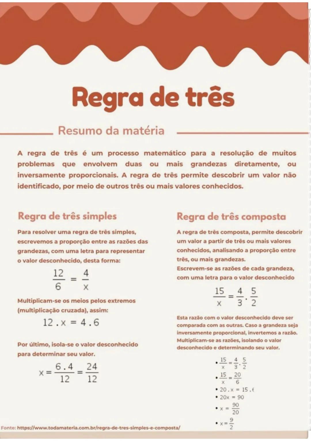 --- OCR Start ---
Regra de três
Resumo da matéria
A regra de três é um processo matemático para a resolução de muitos
problemas que envolvem