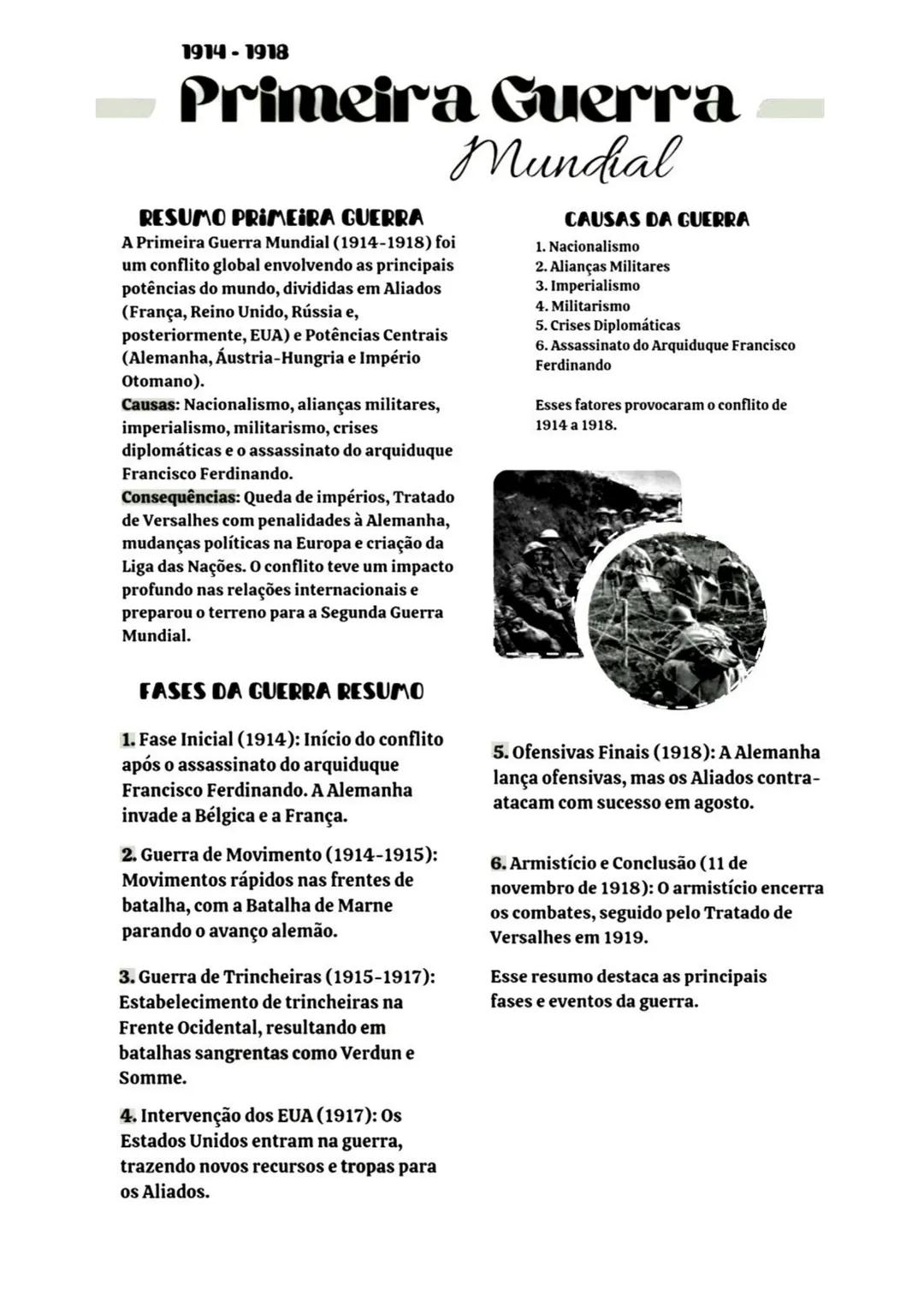 1914-1918
# Primeira Guerra
## Mundial
**RESUMO PRIMEIRA GUERRA**
A Primeira Guerra Mundial (1914-1918) foi
um conflito global envolvendo