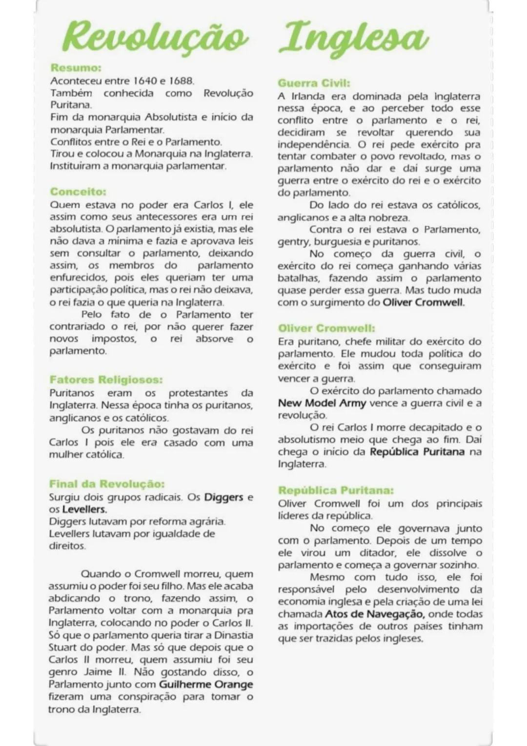 # Revolução Inglesa
Resumo:
Aconteceu entre 1640 e 1688.
Também conhecida como Revolução
Puritana.
Fim da monarquia Absolutista e início da