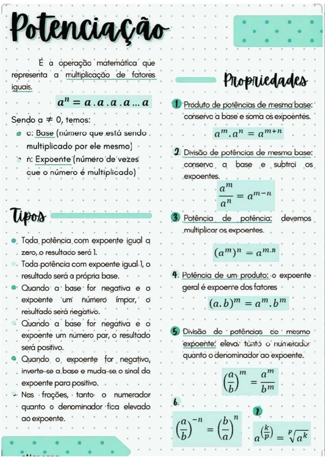 # Potenciação
É a operação matemática que
representa a multiplicação de fatores
iguais.
$a^{n}=a.a.a.a...a$
Sendo $a \ne 0$, temos:
⚫c: