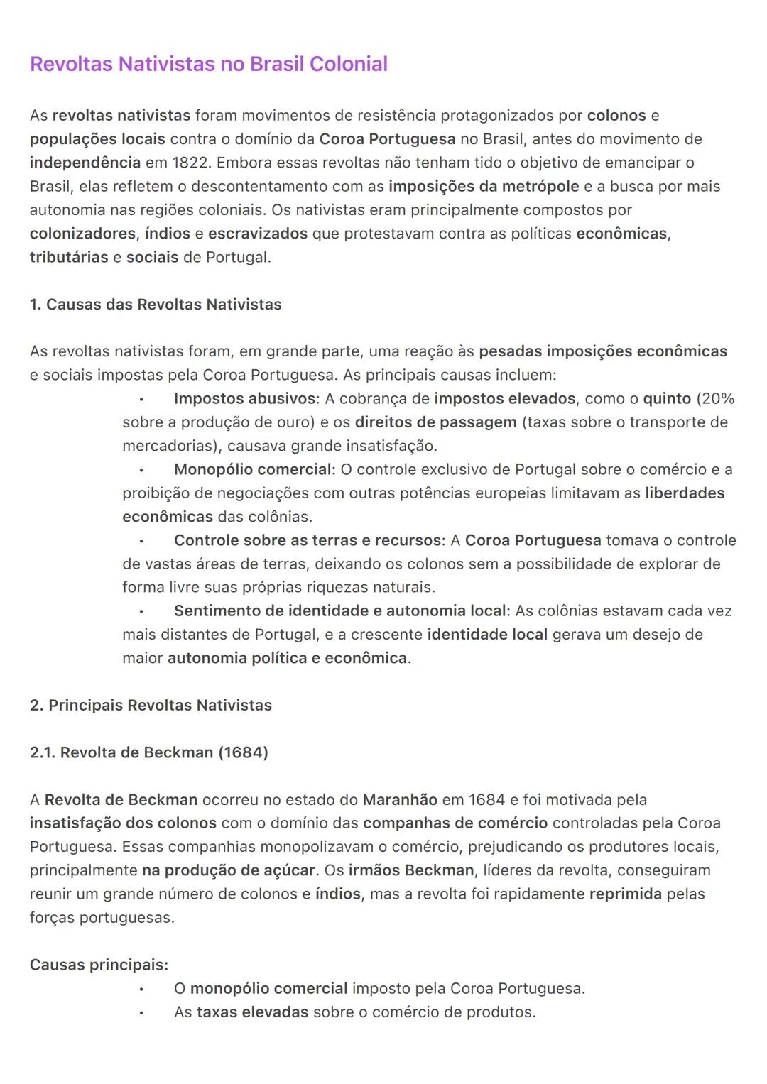 # Revoltas Nativistas no Brasil Colonial
As revoltas nativistas foram movimentos de resistência protagonizados por colonos e
populações loc