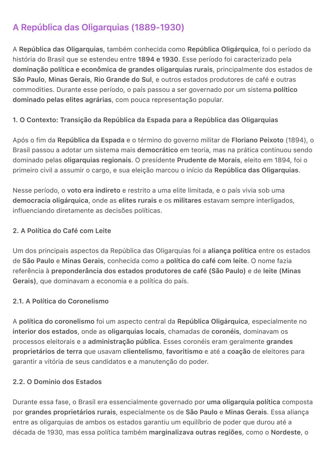 # A República das Oligarquias (1889-1930)
A República das Oligarquias, também conhecida como República Oligárquica, foi o período da
histór