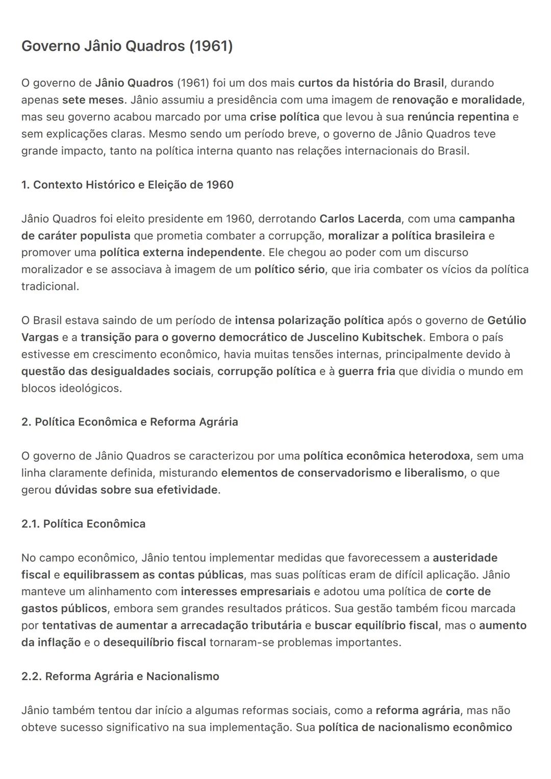 # Governo Jânio Quadros (1961)
O governo de Jânio Quadros (1961) foi um dos mais curtos da história do Brasil, durando
apenas sete meses. J