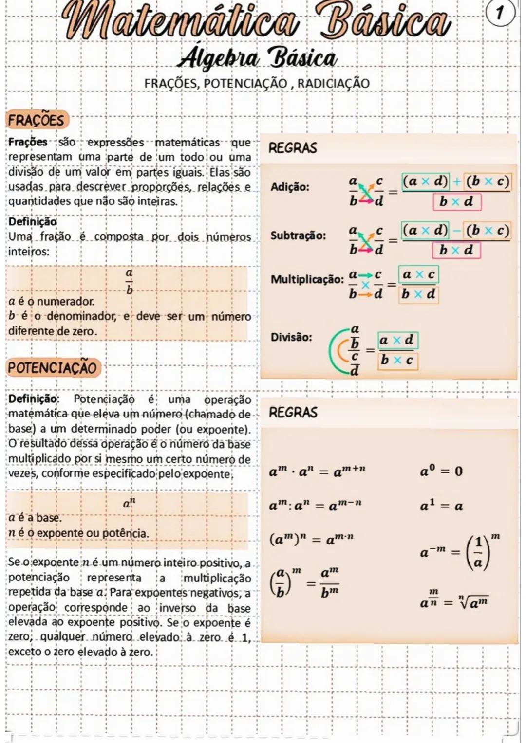 --- OCR Start ---
Matemática Básica
Algebra Básica
FRAÇÕES, POTENCIAÇÃO, RADICIAÇÃO
1
FRAÇÕES
Frações são expressões matemáticas que
represe