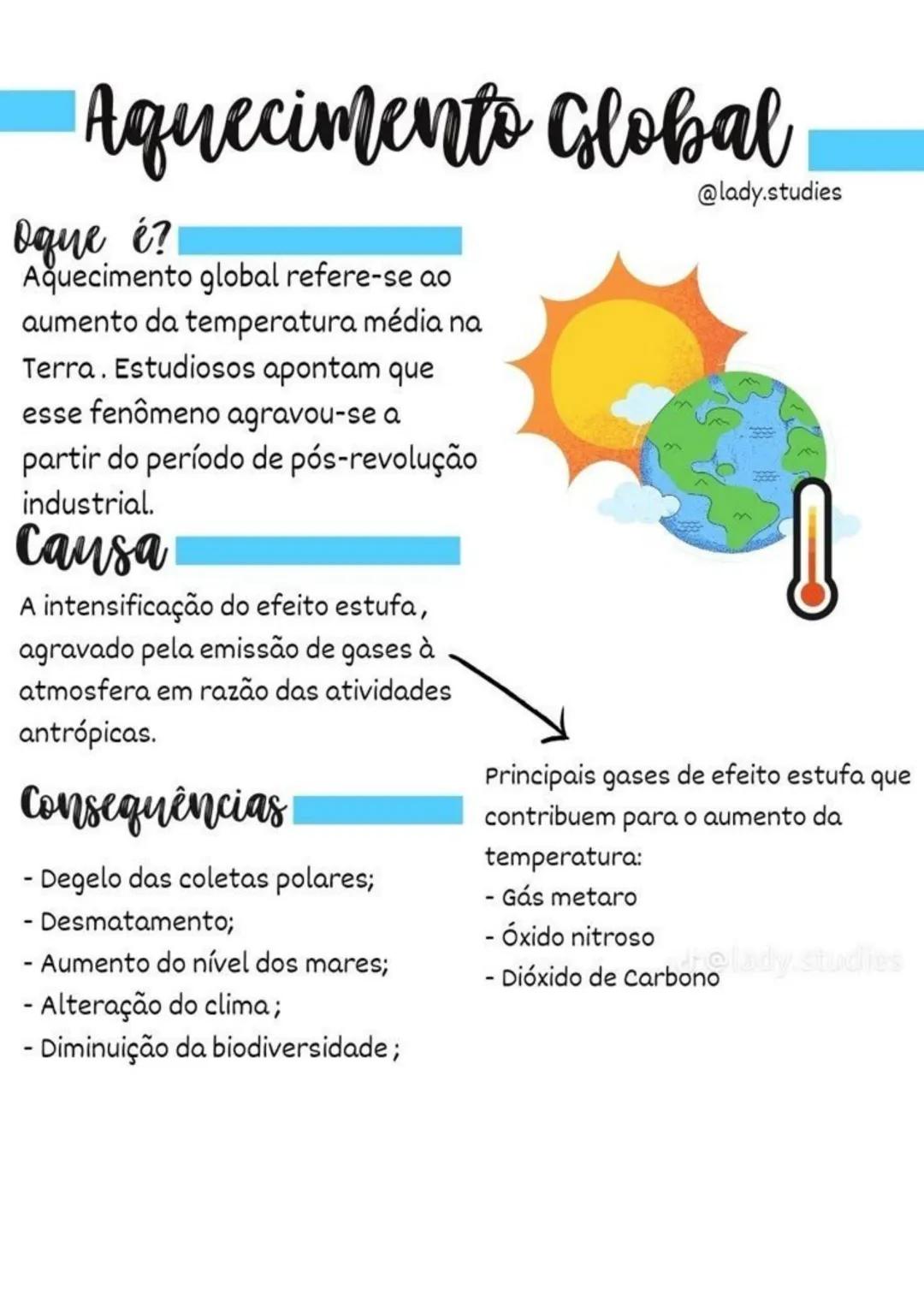 # Aquecimento Global
Oque é?
Aquecimento global refere-se ao
aumento da temperatura média na
Terra. Estudiosos apontam que
esse fenômeno a