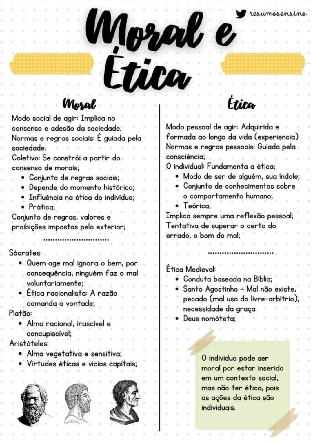 # Moral e
Ética
## Moral
Modo social de agir: Implica no
consenso e adesão da sociedade.
Normas e regras sociais: É guiada pela
sociedade.