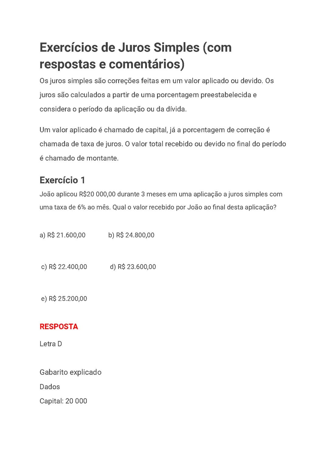 EXERCÍCIOS DE JUROS SIMPLES