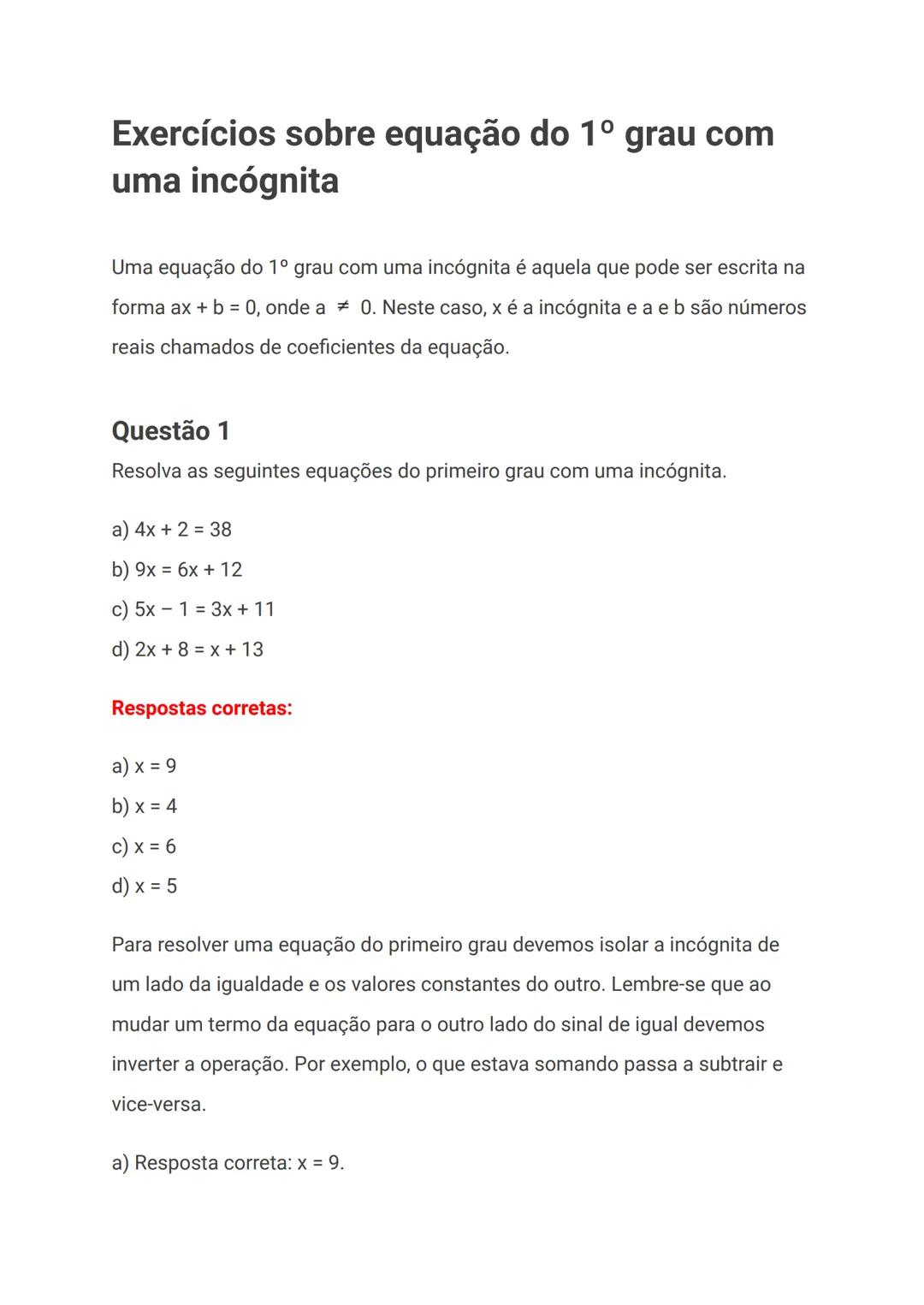 EXERCÍCIOS SOBRE EQUAÇÃO DO 1 GRAU COM UMA INCÓGNITA