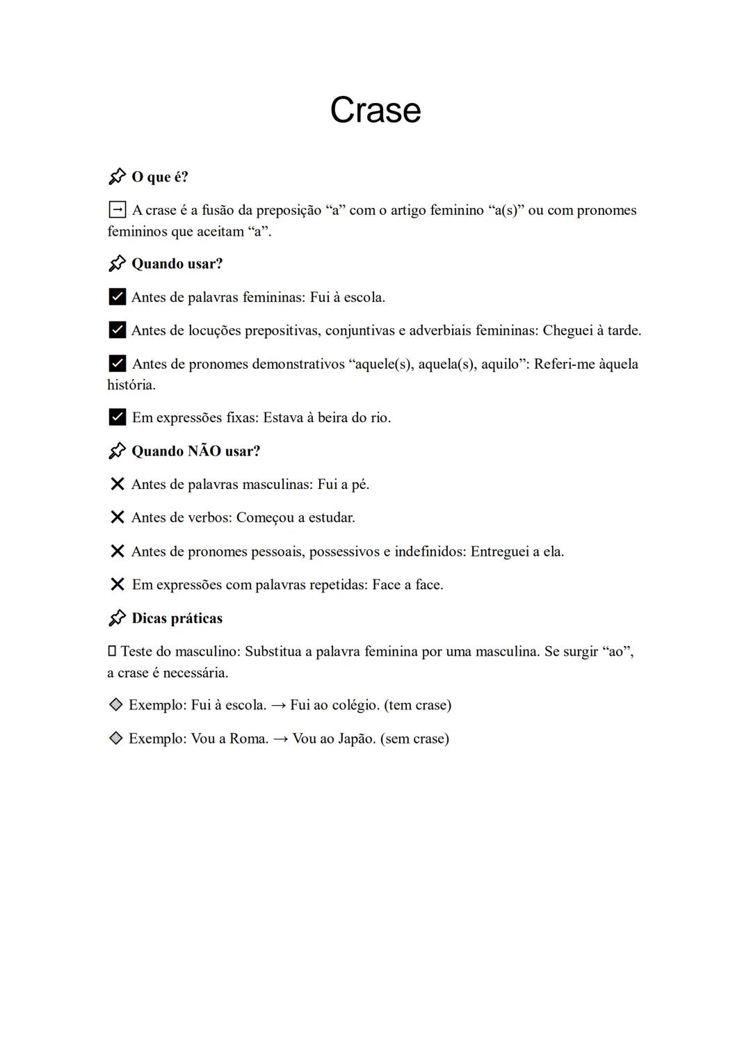 # Crase
O que é?
A crase é a fusão da preposição "a" com o artigo feminino "a(s)" ou com pronomes
femininos que aceitam "a".
Quando usar?